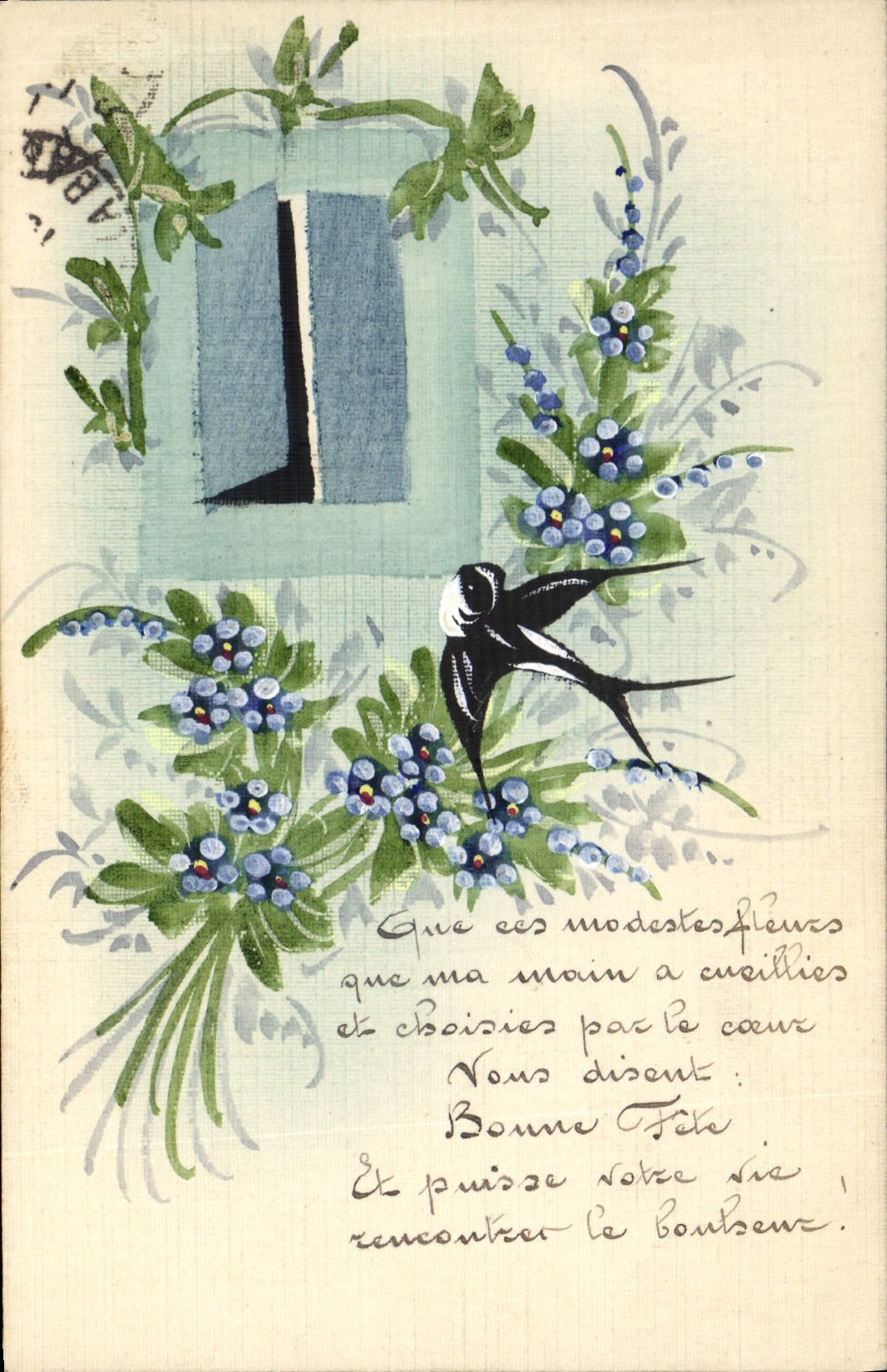 CPA Fantaisie (dessin a la main) Fleurs Hirondelle