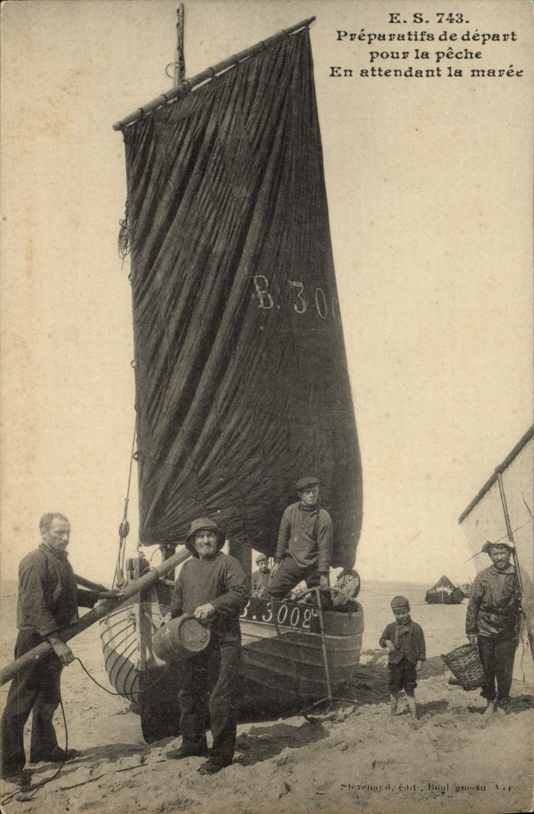 Preparaciones de la pesca de la POSTAL de la VENDIMIA que empiezan para el pecado mientras que espera la marea