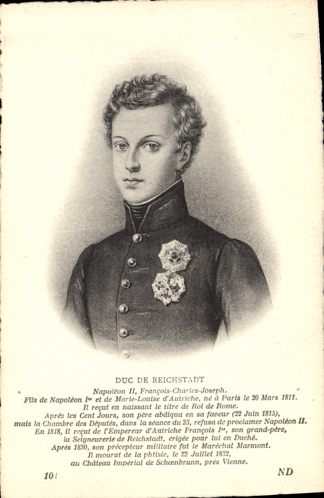 Duque de la POSTAL de la VENDIMIA del rey de Roma de Reichstadt Napoleon II