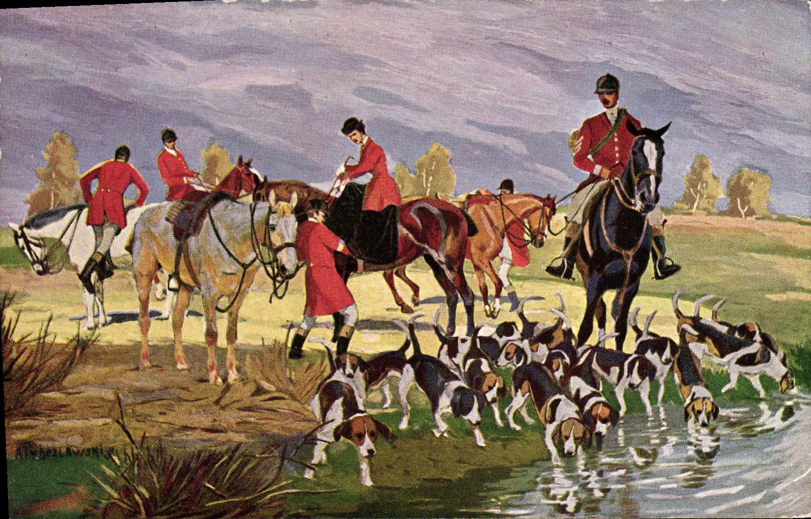 Caza del perro de los perros del montar a caballo de la POSTAL de la VENDIMIA