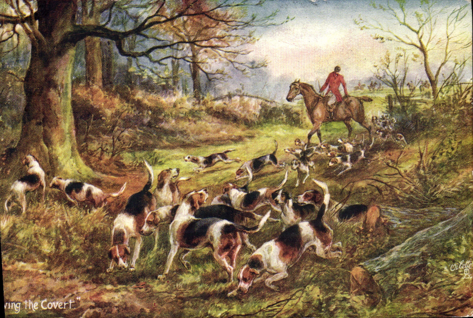 Caza del perro de los perros de la POSTAL de la VENDIMIA que dibuja el abrigo del montar a caballo