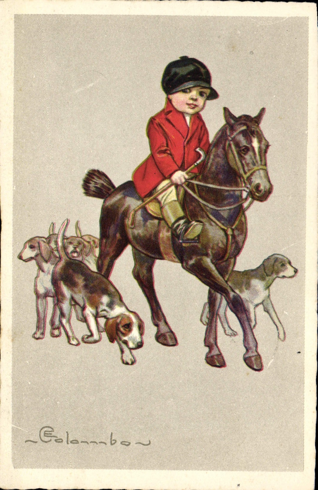 Niño del montar a caballo de la caza del perro de los perros de la POSTAL de la VENDIMIA