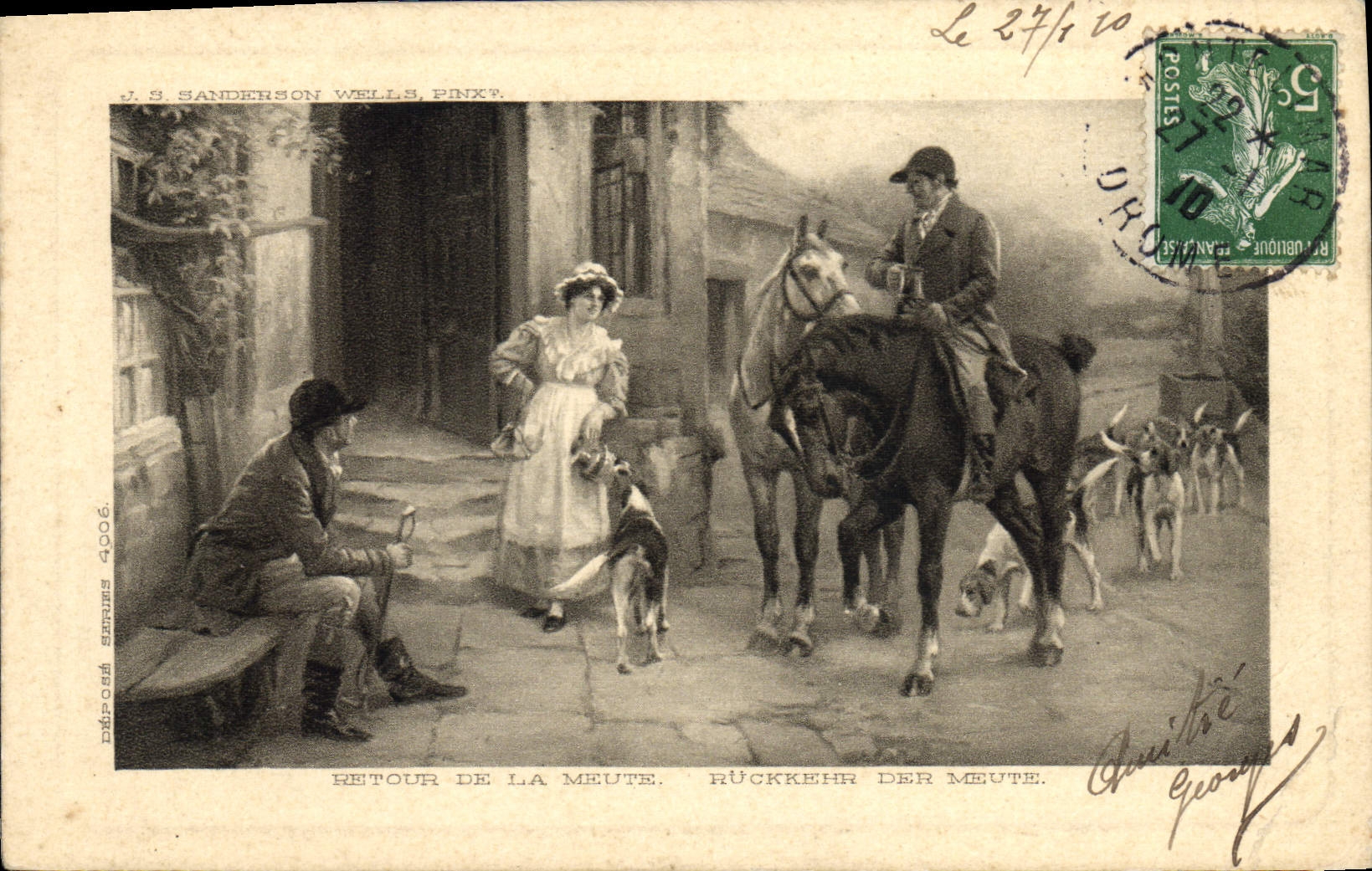 Vuelta del montar a caballo de la caza del perro de los perros de la POSTAL de la VENDIMIA del paquete