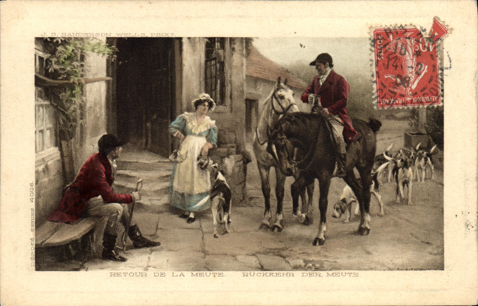 Vuelta de la caza del perro de los perros de la POSTAL de la VENDIMIA de los jinetes del paquete