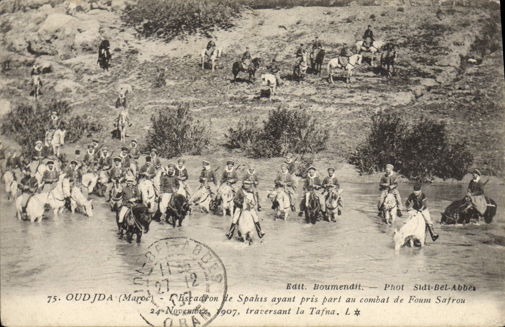 VINTAGE POSTCARD Militaria Oudjda Morocco the squadron of Spahis having taken share with the combat of Foum Safrou crossing Tafna