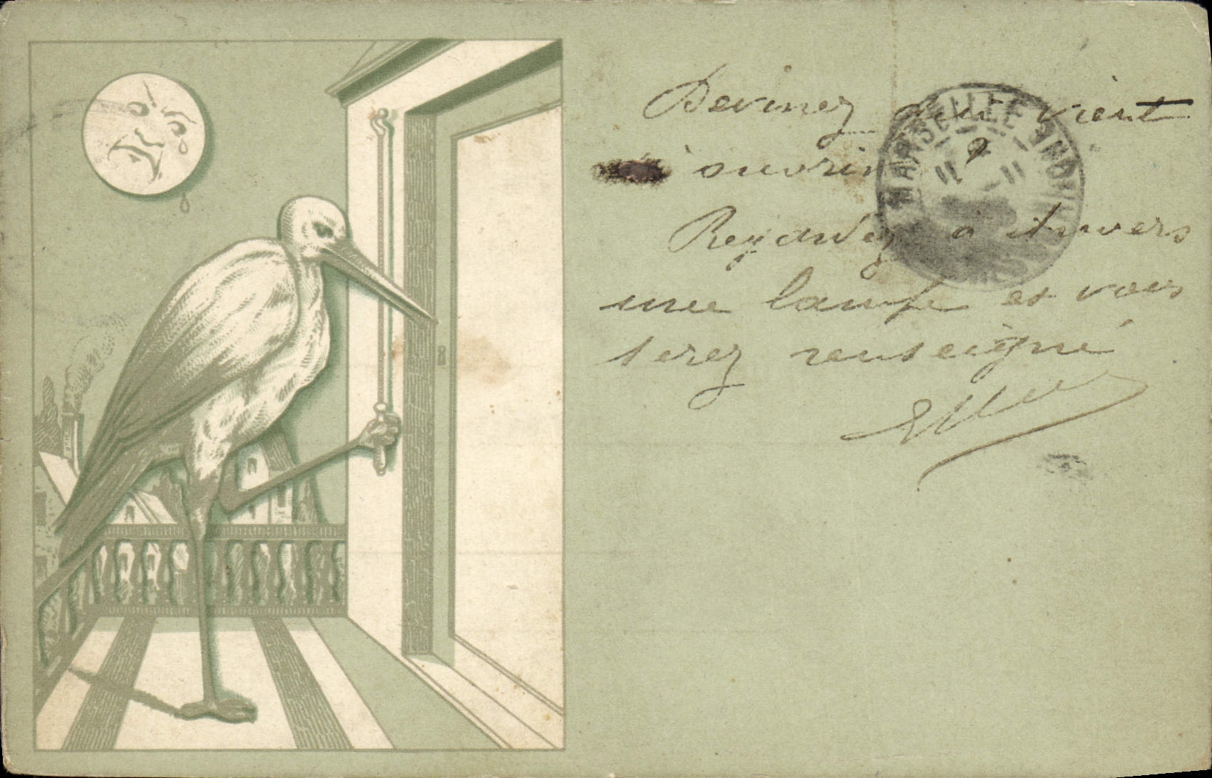 VINTAGE POSTCARD Fantasy the Moon Stork