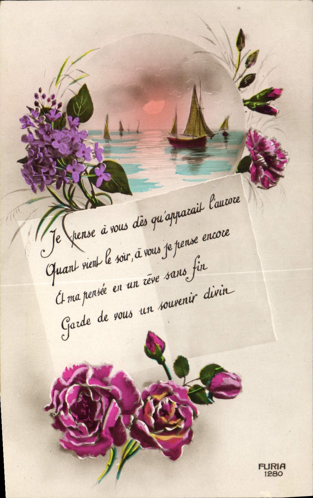 VINTAGE POSTCARD Fantasy the Moon Flowers Boat