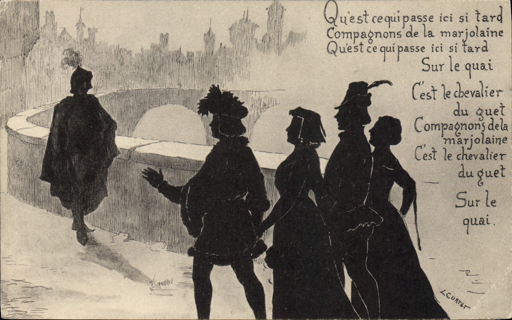 Compañeros del ilustrador de la fantasía de la POSTAL de la VENDIMIA de la mejorana de Curtat