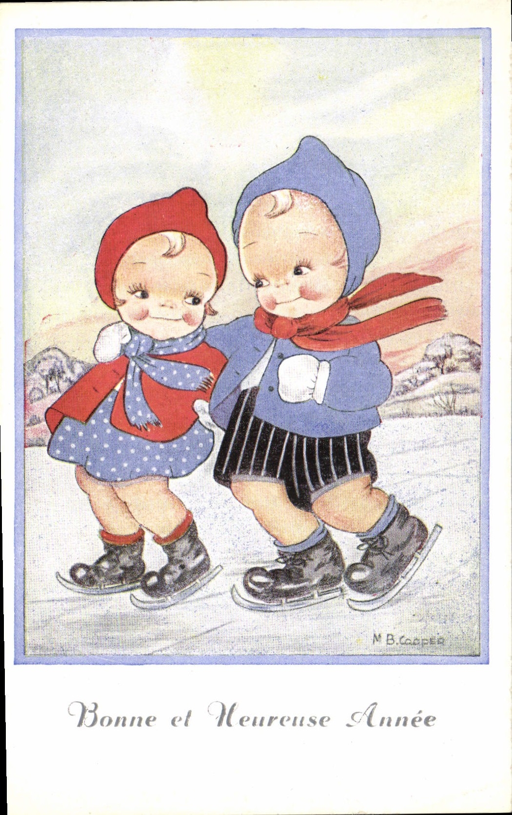 VINTAGE POSTCARD Fantaisie Illustrator Cooper Enfants Iceskates