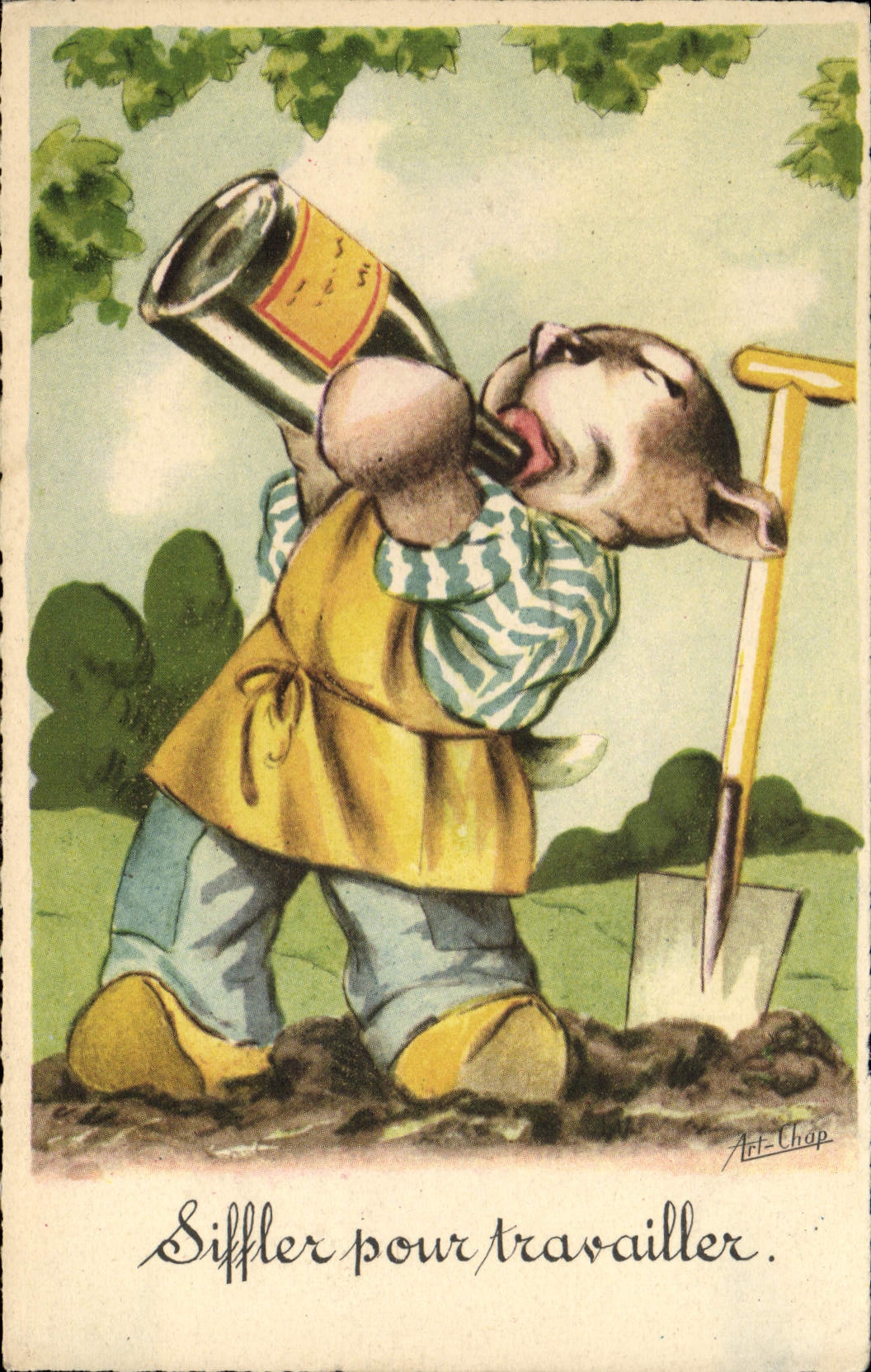 Ilustrador de la fantasía de la POSTAL de la VENDIMIA a silbar para trabajar