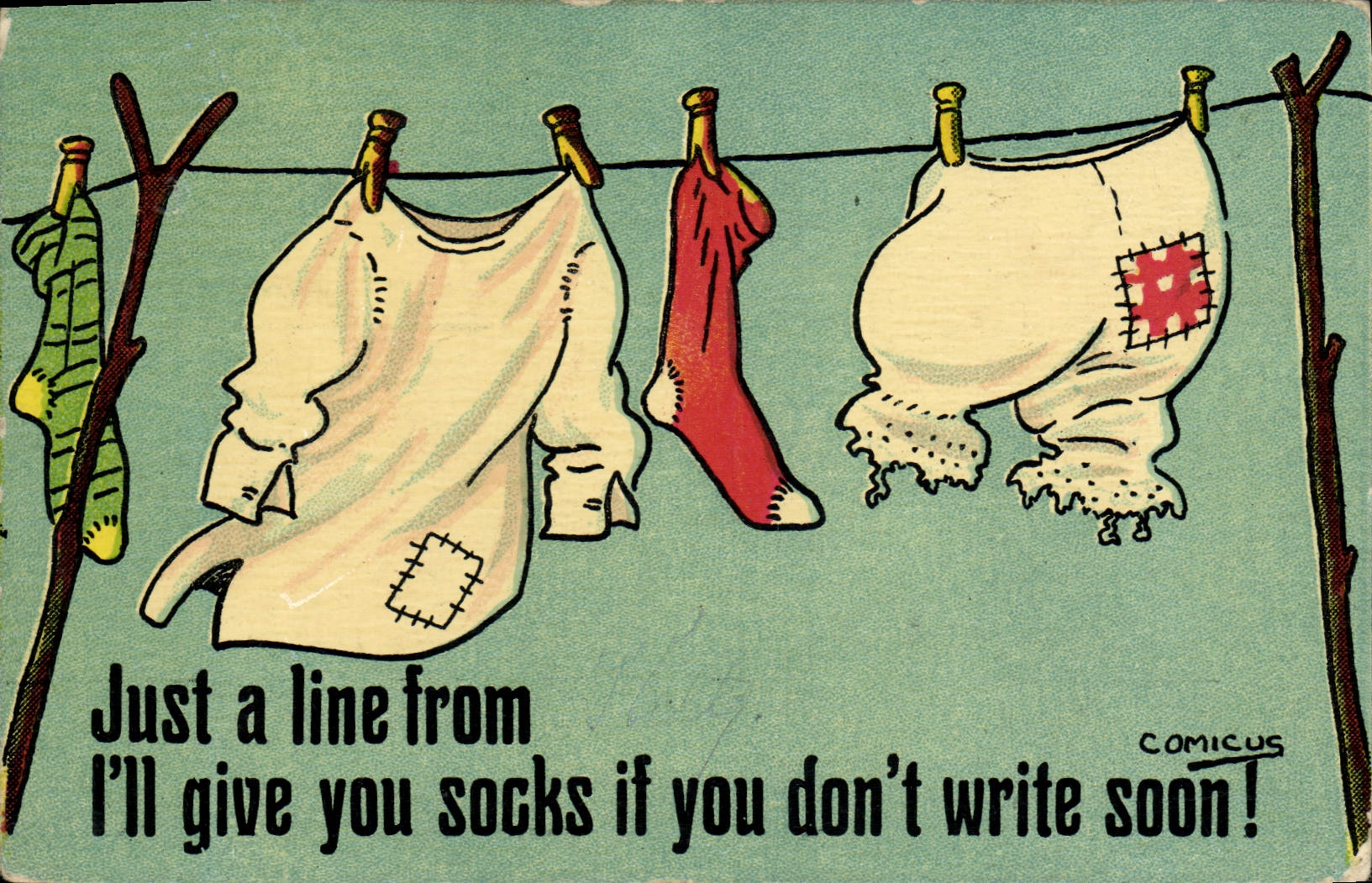 VINTAGE POSTCARD Fantaisie Just Illustrator has line I' L give you socks Comicus