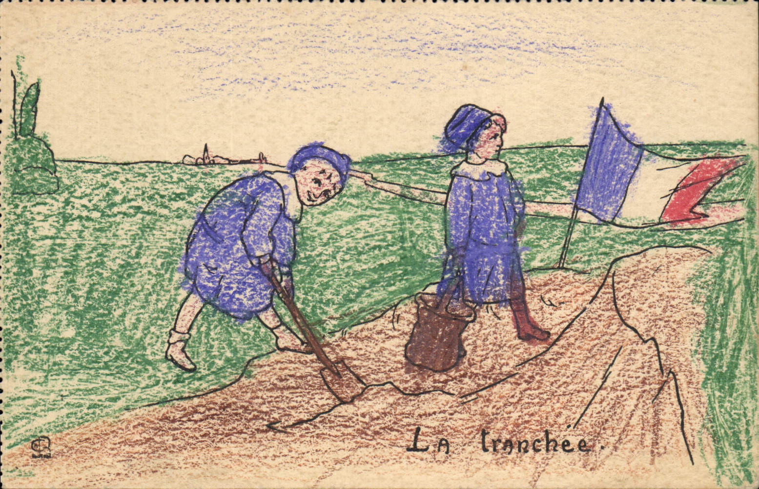 VINTAGE POSTCARD Fantasy (drawing with the hand) Children the Militaria trench