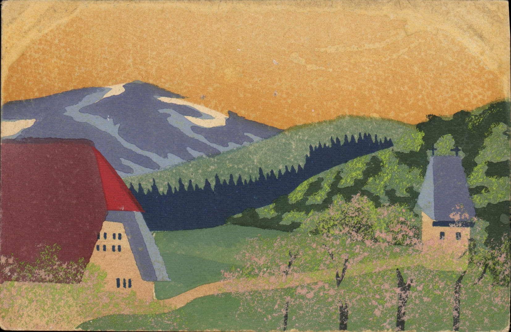 VINTAGE POSTCARD Fantasy (drawing with the hand) Mountain pastures