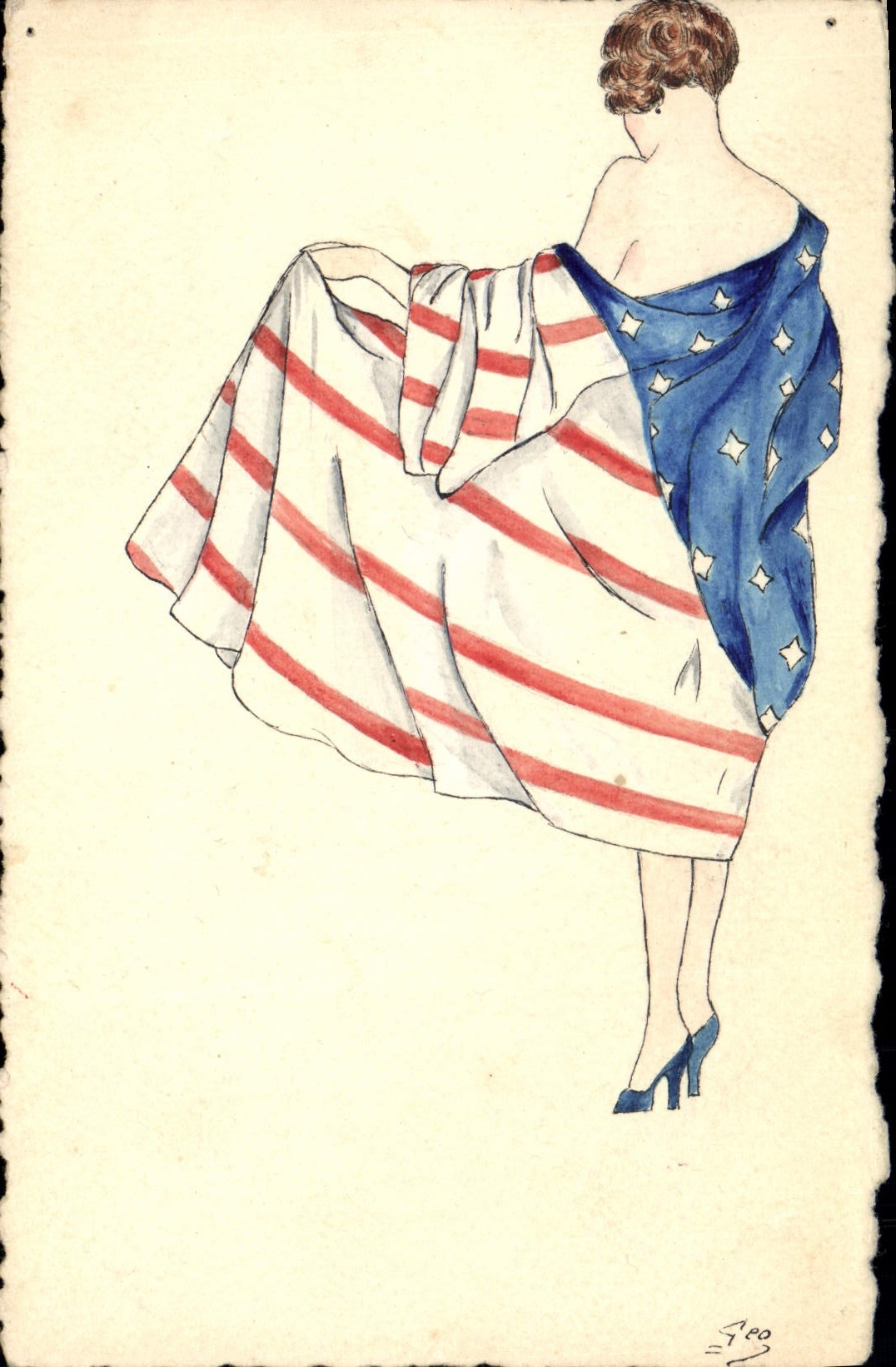 VINTAGE POSTCARD Fantasy (drawing with the hand) Woman American Flag US flag