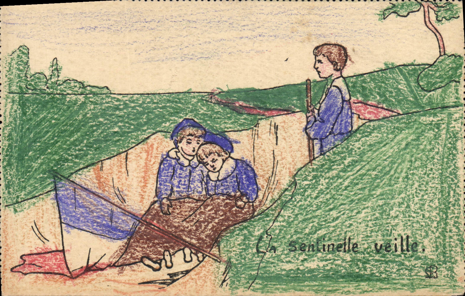VINTAGE POSTCARD Fantaisie (drawing with the hand) Children the sentinel Takes care