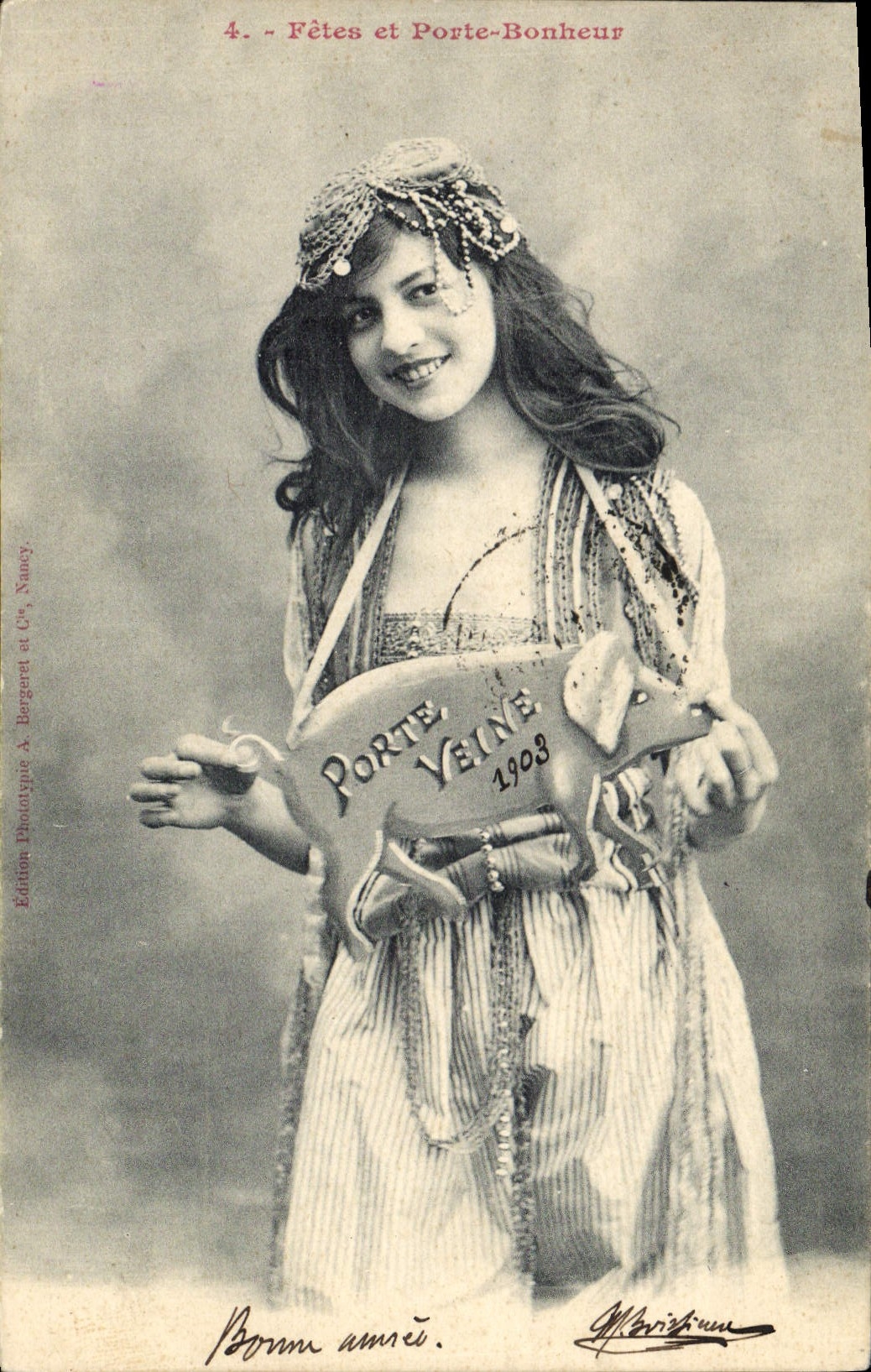 VINTAGE POSTCARD Fantasy Woman Festivals and carries happiness Cochon Pig