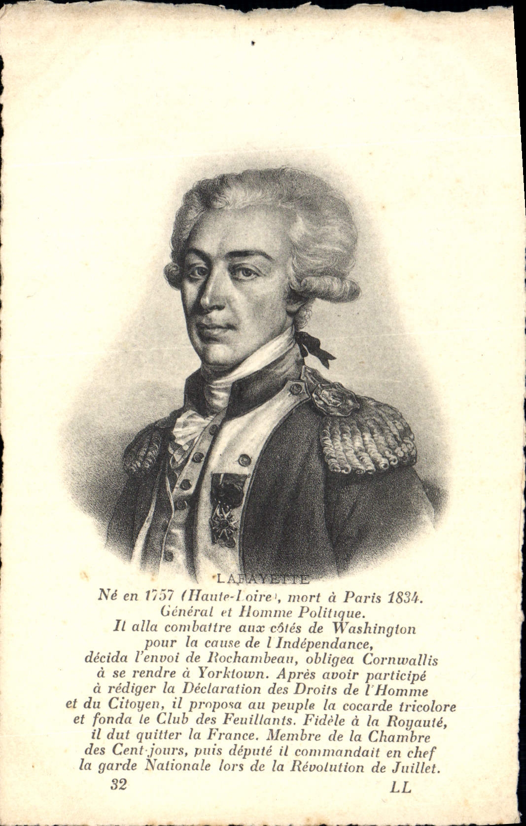 General Lafayette y político francés de la POSTAL de la VENDIMIA