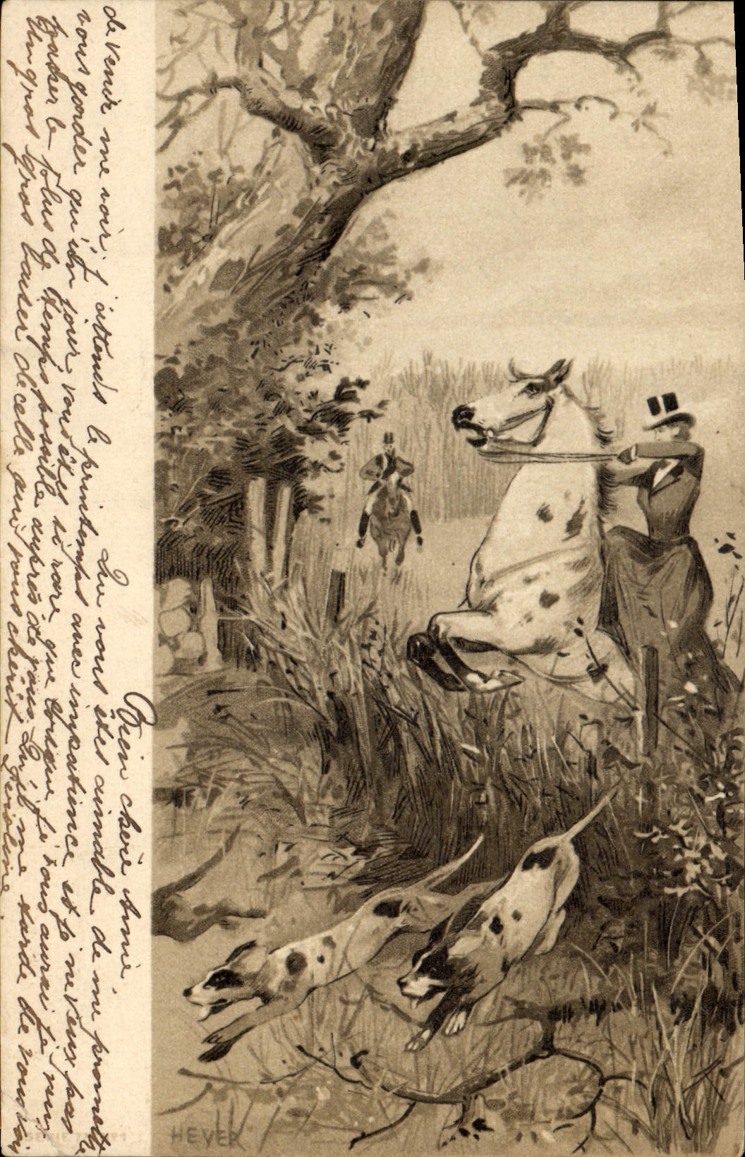 CPA Chien Chiens Chasse a courre Femme Cavaliers