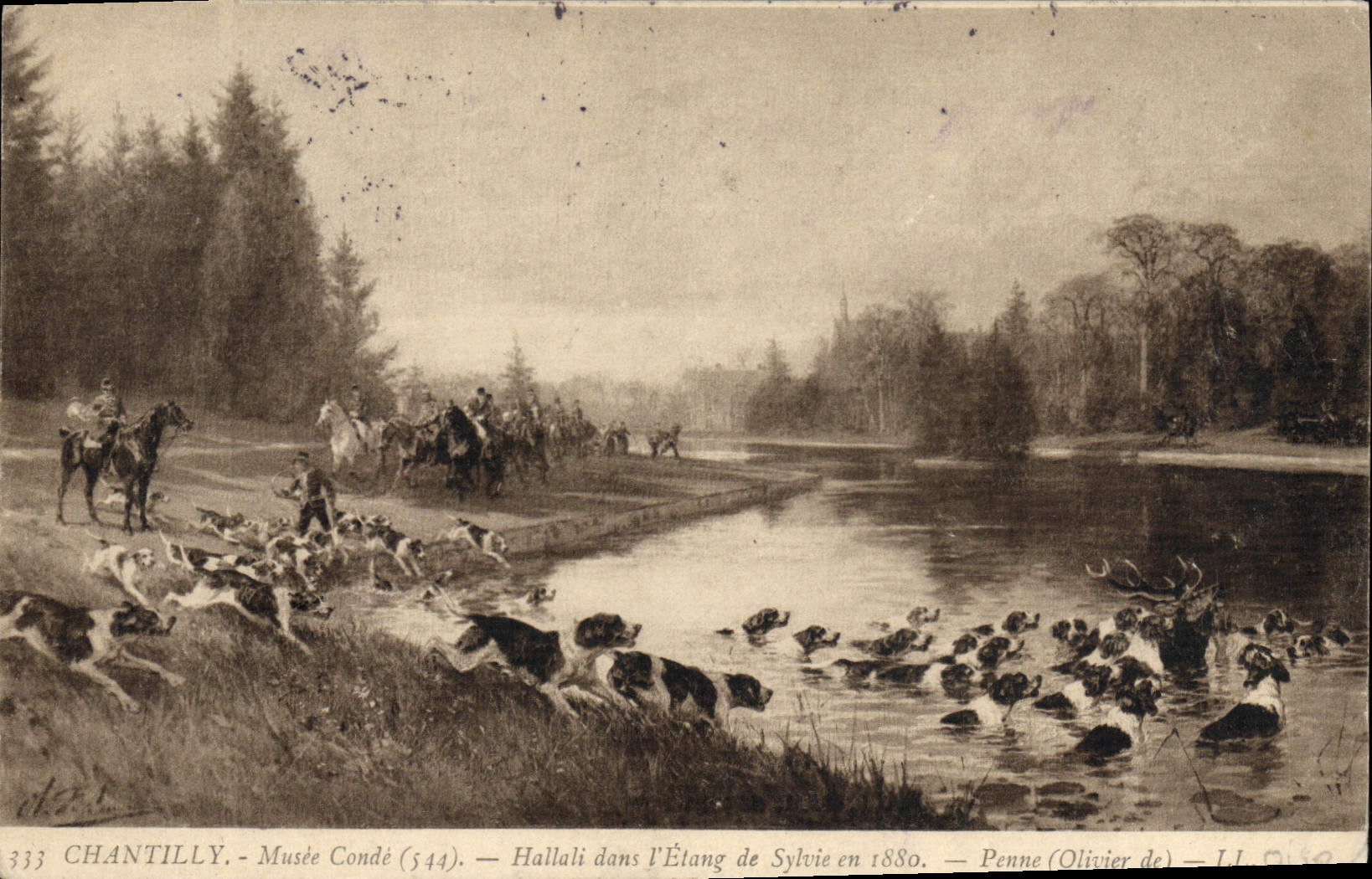 CPA Chien Chiens Chasse a courre Cavaliers Chantilly Musee Conde Hallali dans l'etang de Sylvie en 1880 Penne