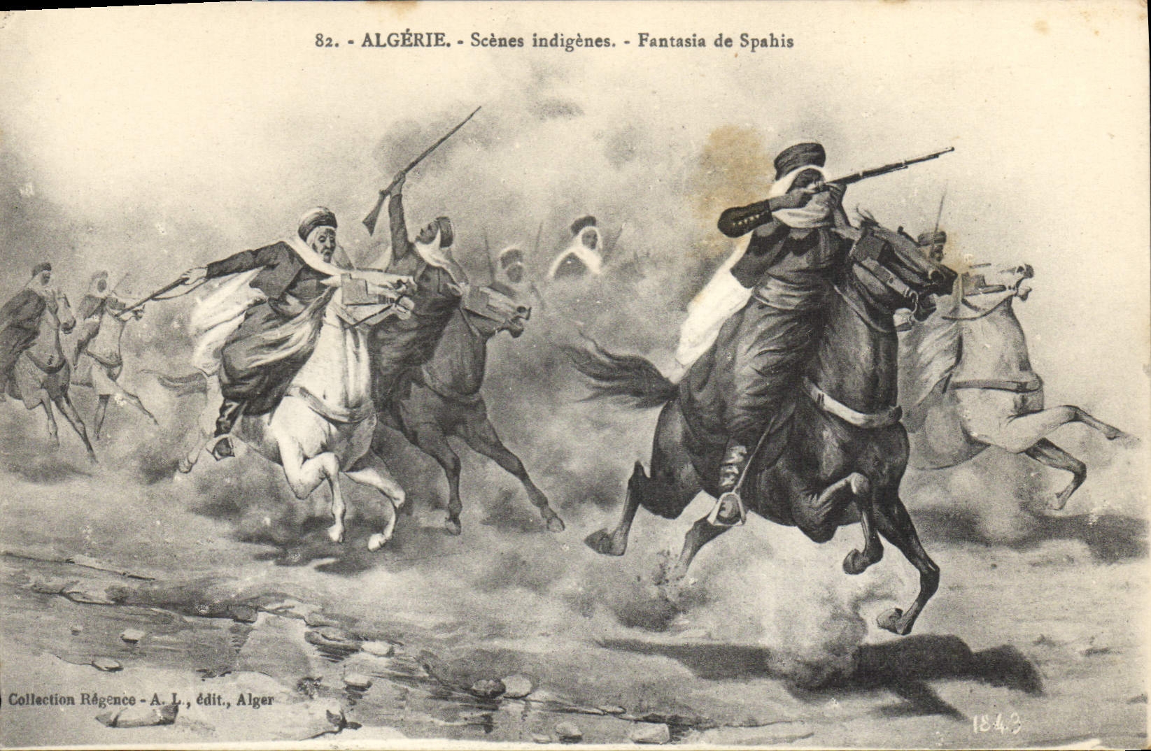 VINTAGE POSTCARD Militaria Algeria indigenous Scenes Fantasia de Spahis