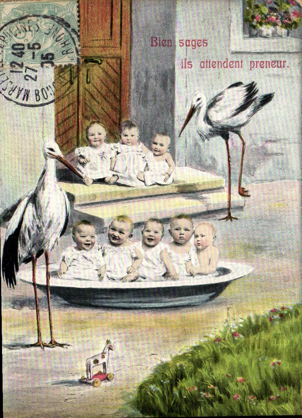 VINTAGE POSTCARD Fantaisie Quite wise Child Baby they await taking Cigogne