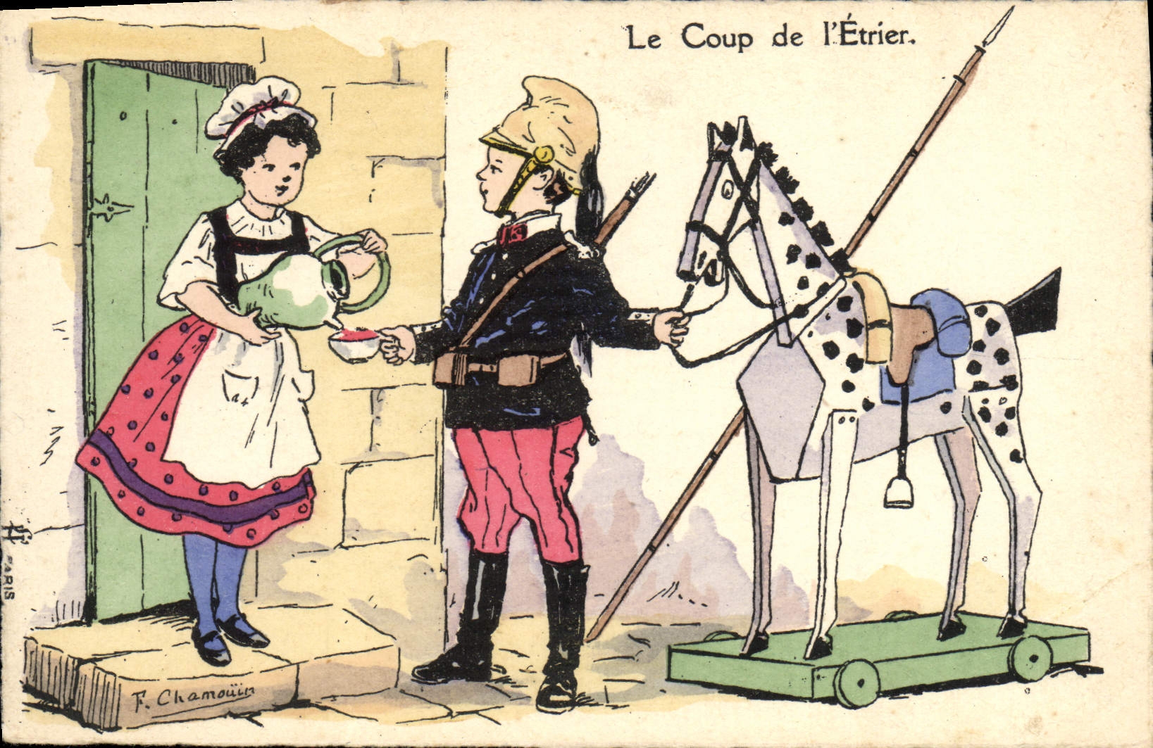 Ilustrador uno de la fantasía de la POSTAL de la VENDIMIA para el militaria del caballo del camino