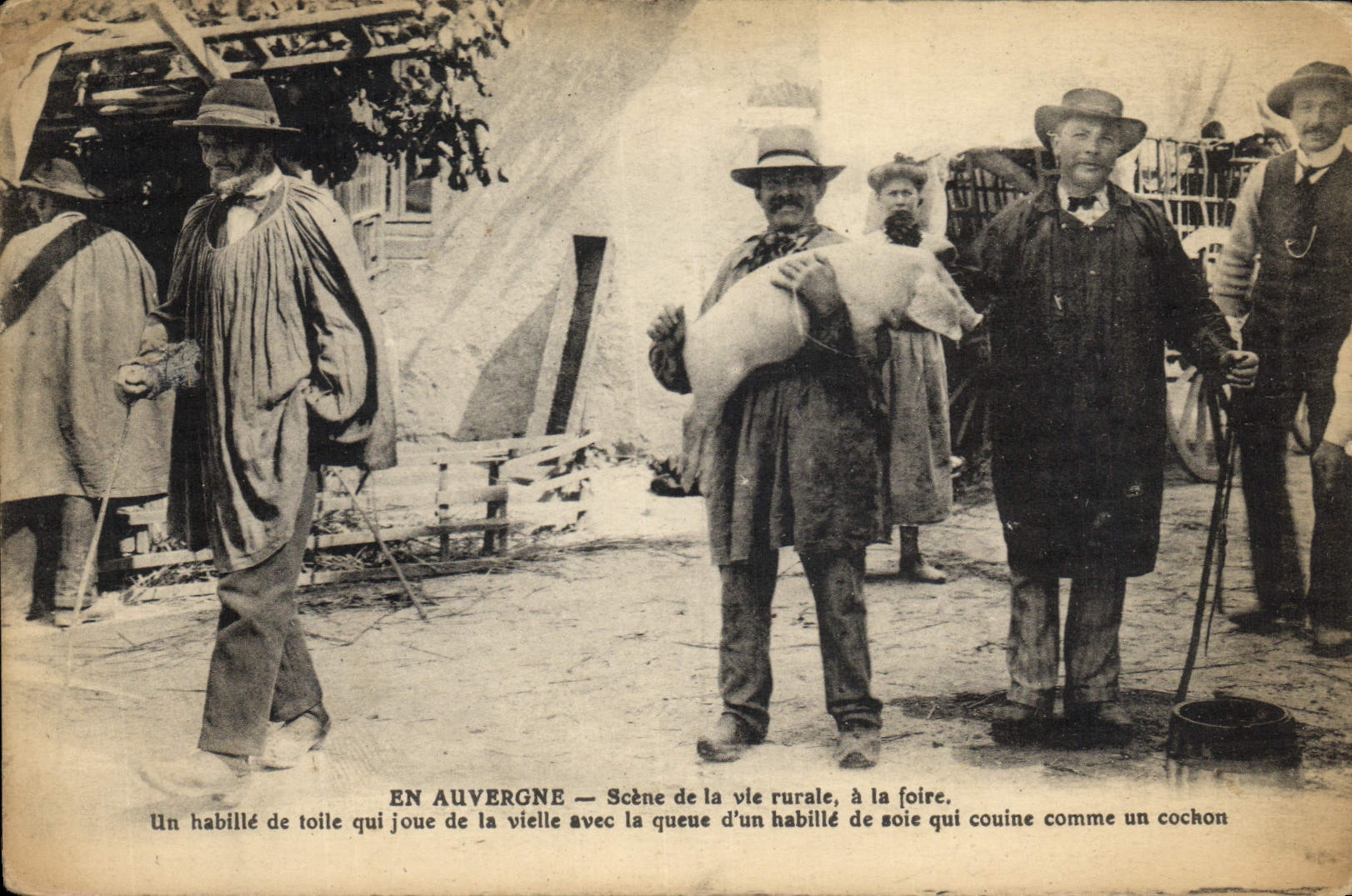 VINTAGE POSTCARD Folklore Auvergne Scene of the rural life to the fair Pig Pig