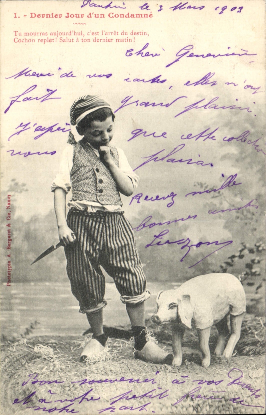 VINTAGE POSTCARD Fantasy Child Last day of a condmane Pig Pig