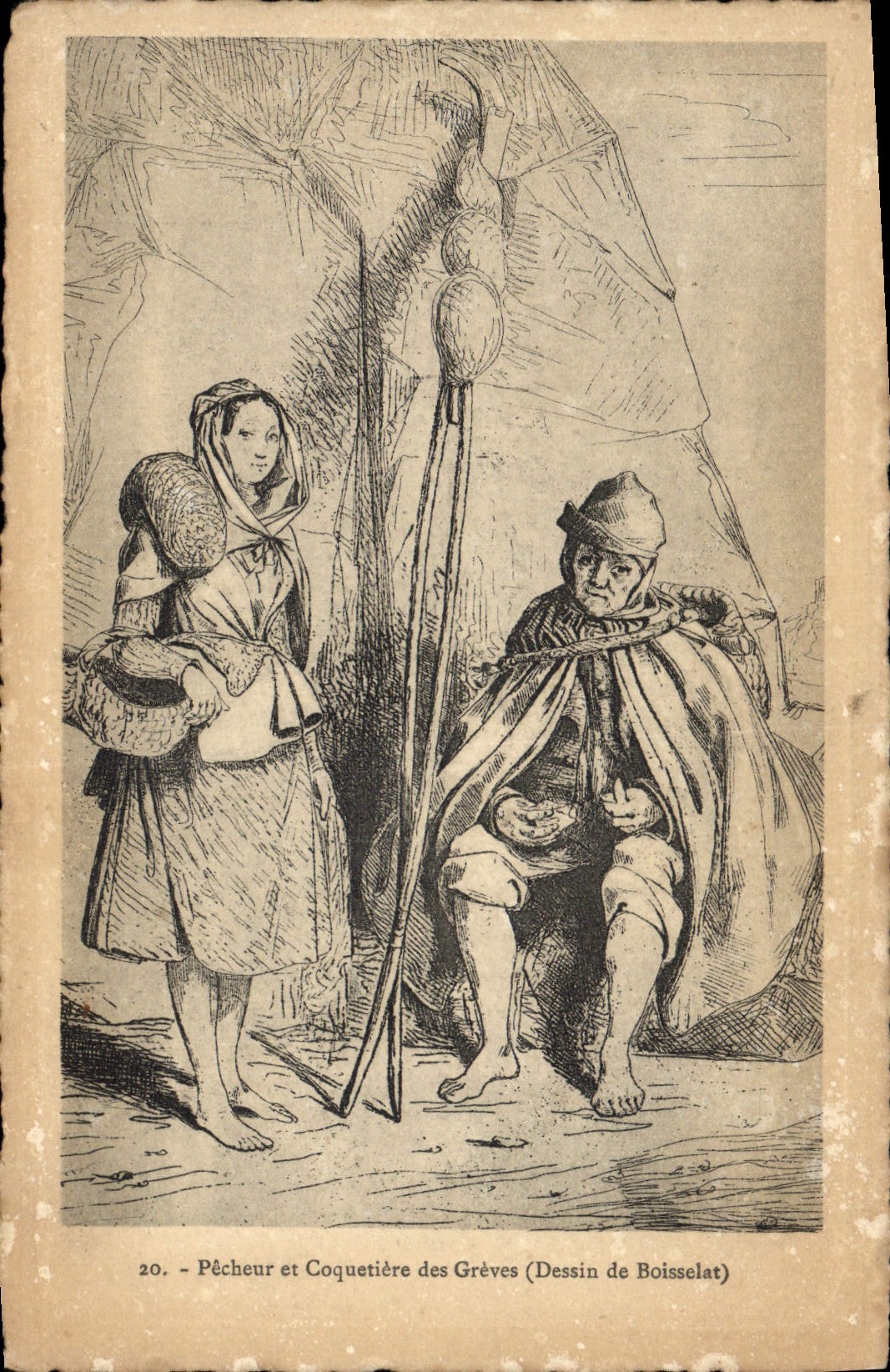 CPA Peche Pecheur et coquetiere des Greves Dessin de Boisselat