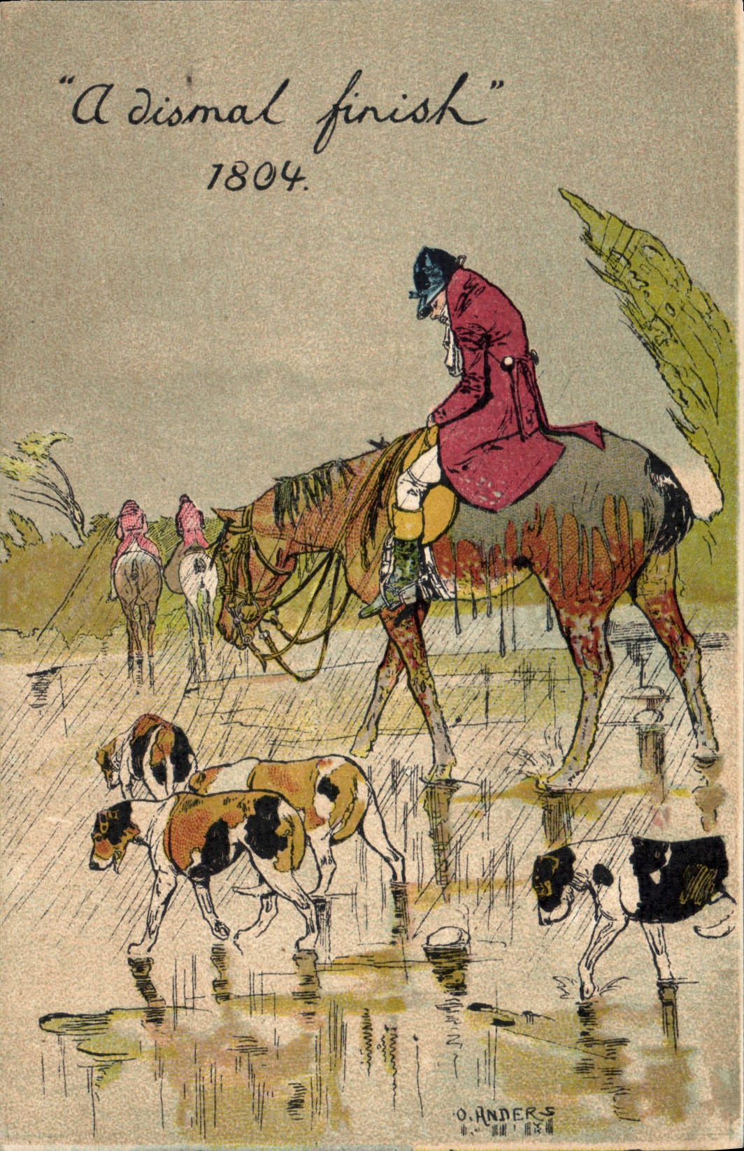 Los jinetes de la caza de los perros de Chien de la POSTAL de la VENDIMIA tienen final triste 1804