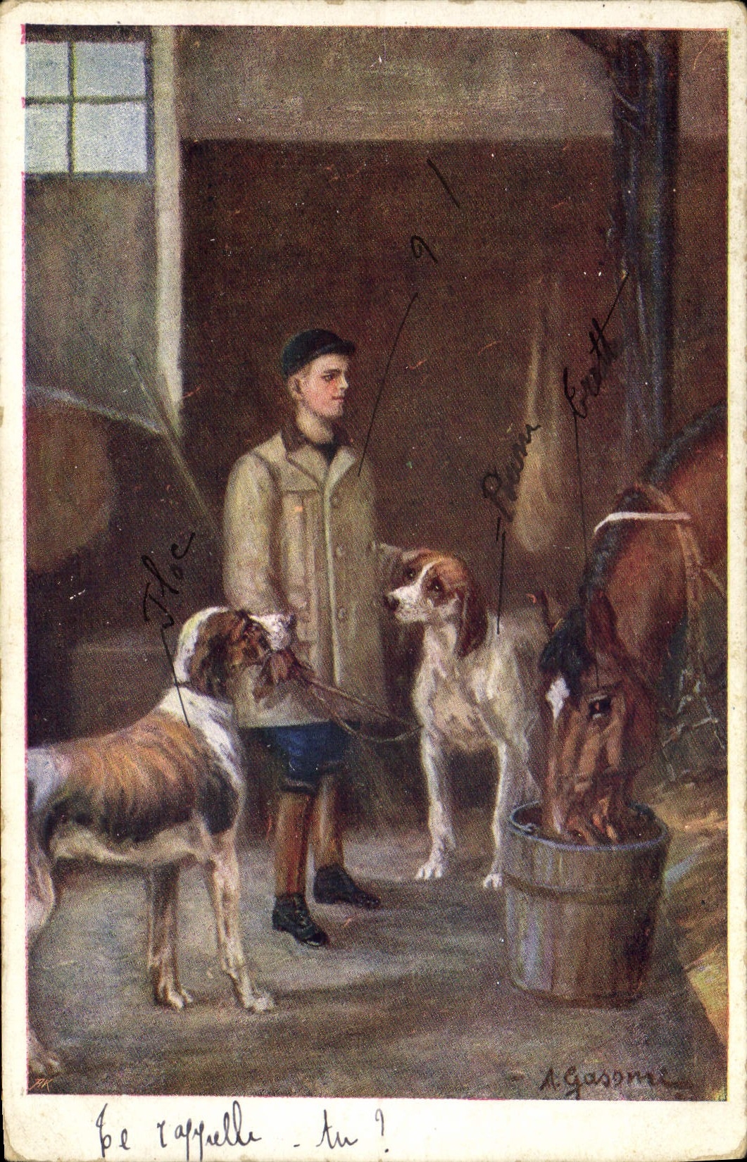 Los perros del perro de la POSTAL de la VENDIMIA buscan el caballo