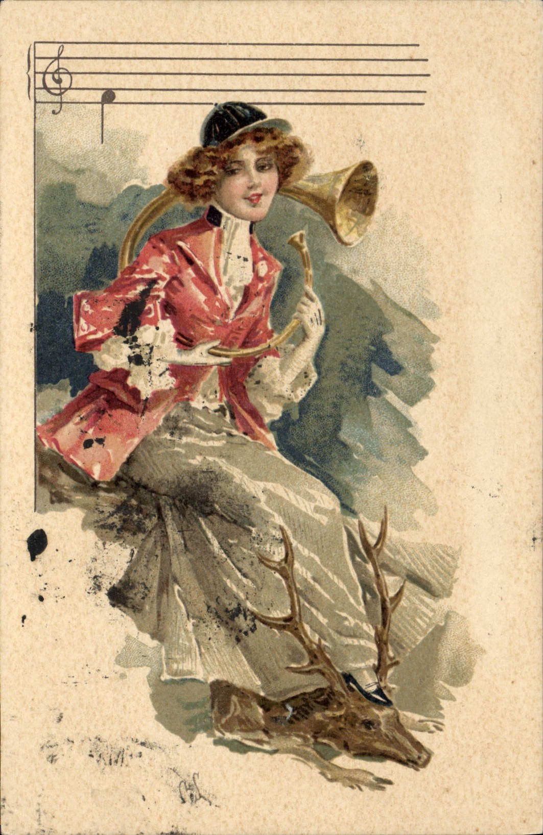 CPA Chien Chiens Chasse a courre Femme Cor de chasse Cerf