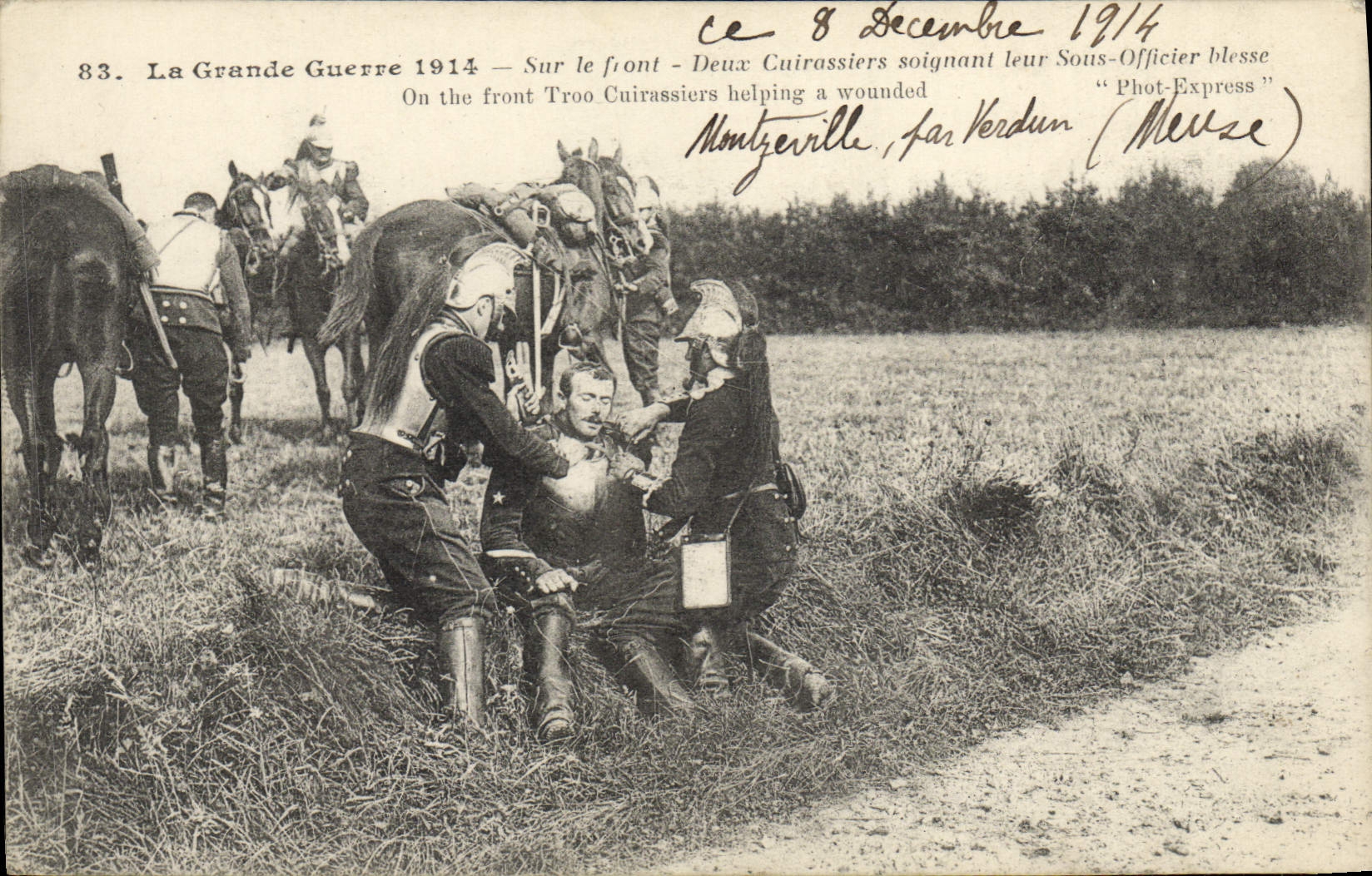 VINTAGE POSTCARD Militaria Sante On the face Two Cuirassiers looking after their under officer wounds