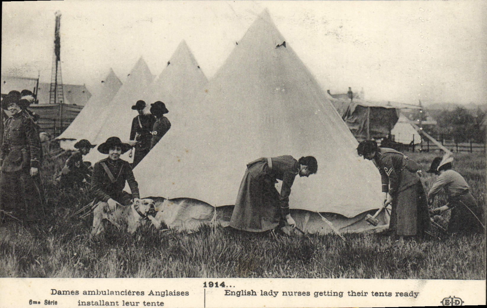 VINTAGE POSTCARD Militaria Health English Ladies ambulancieres installing their tent Nurse