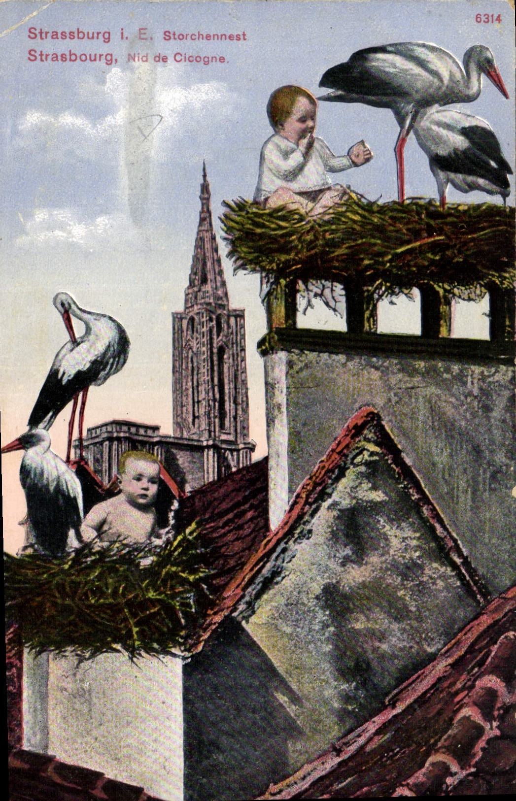 CPA Fantaisie Enfant Bebe Cigogne Strasbourg