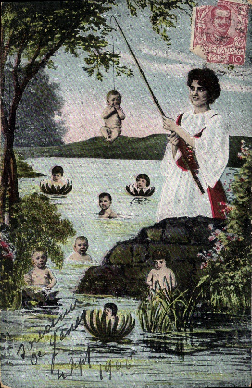 VINTAGE POSTCARD Fantaisie Child Baby Woman Fishes