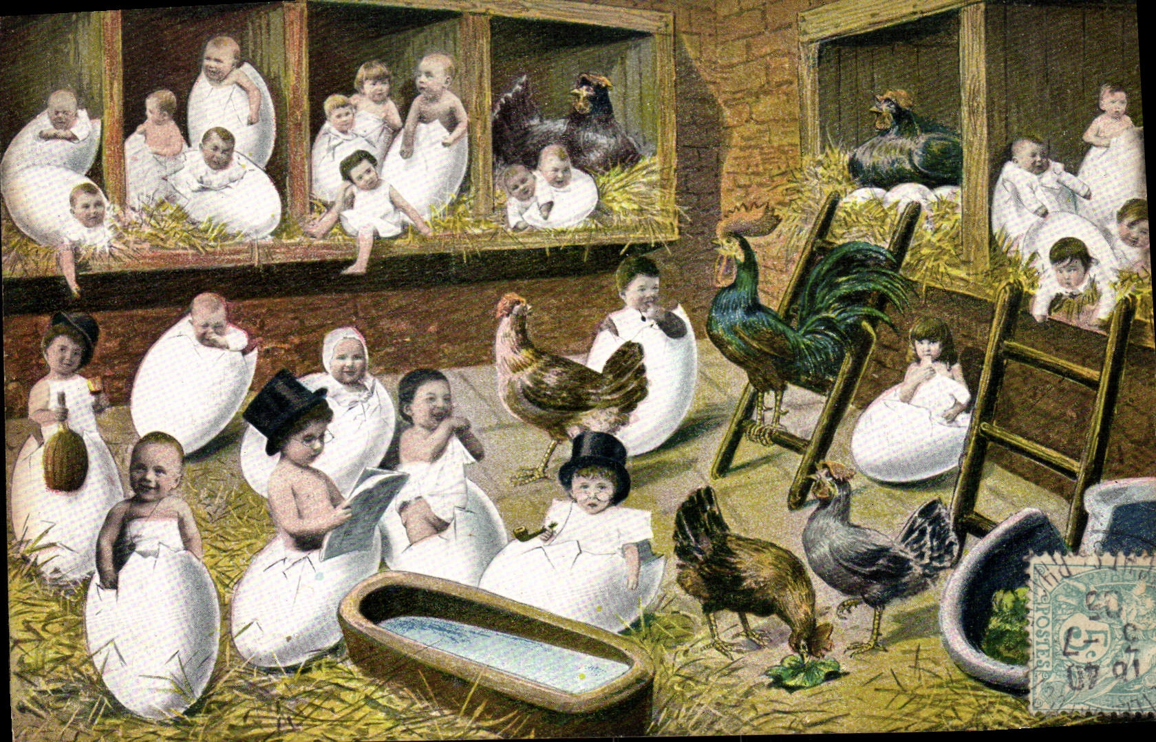 VINTAGE POSTCARD Fantasy Child Baby Cock hen