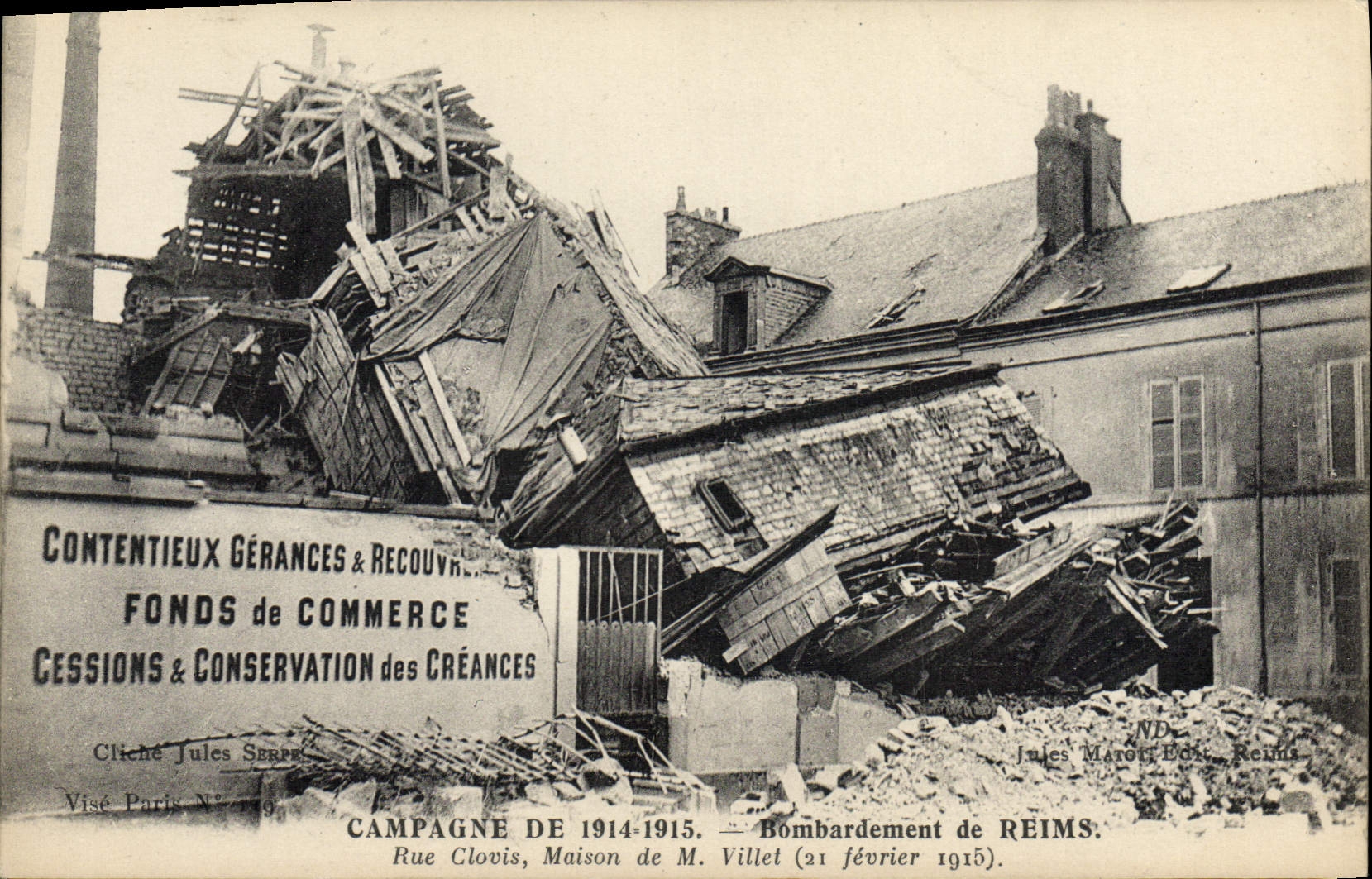 Vintage Postcard Bombardment of Rheims Street Clovis House of Mr. Villet Notary