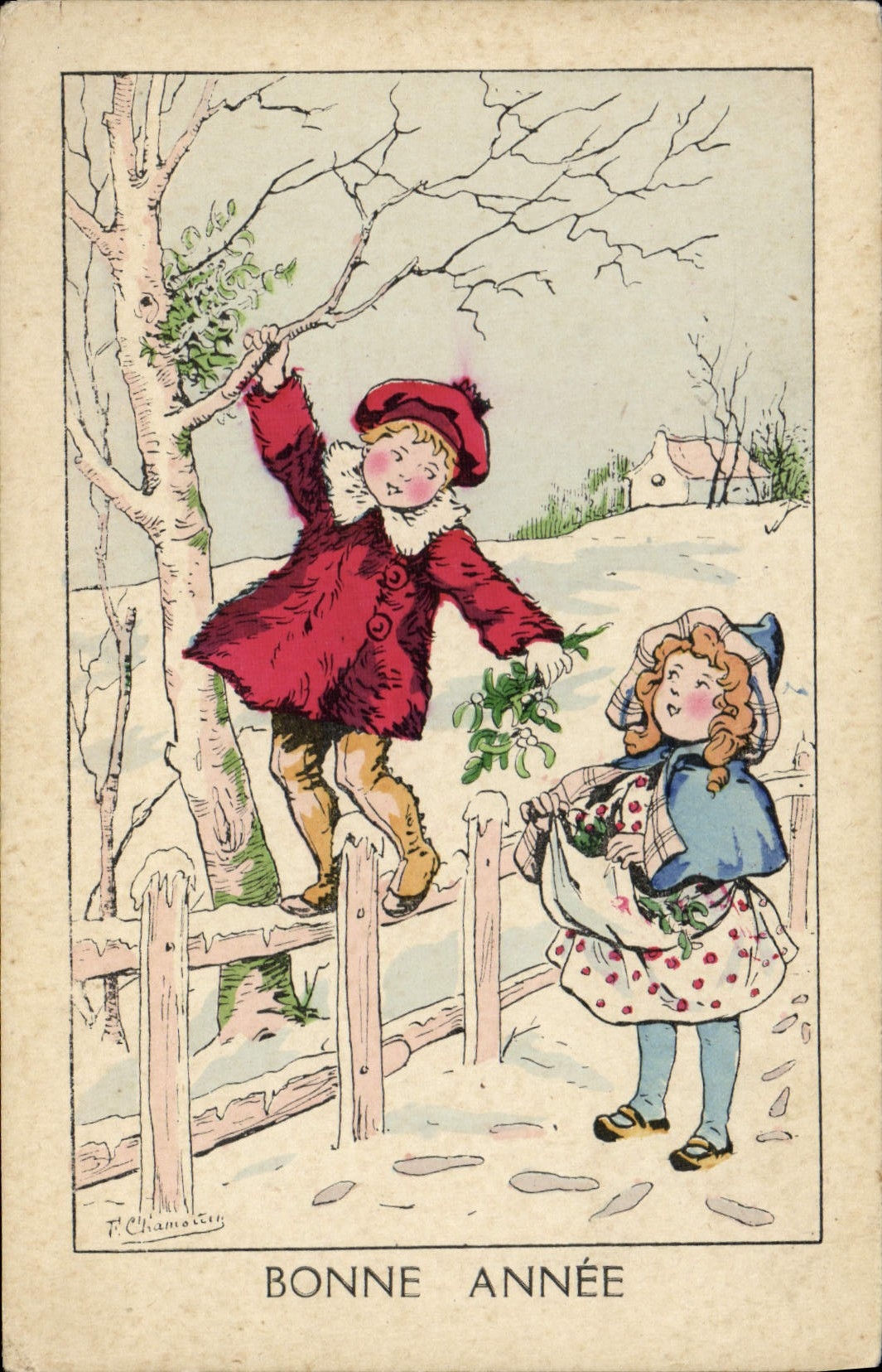 Vintage Postcard Imagination Illustrator Children Happy new year