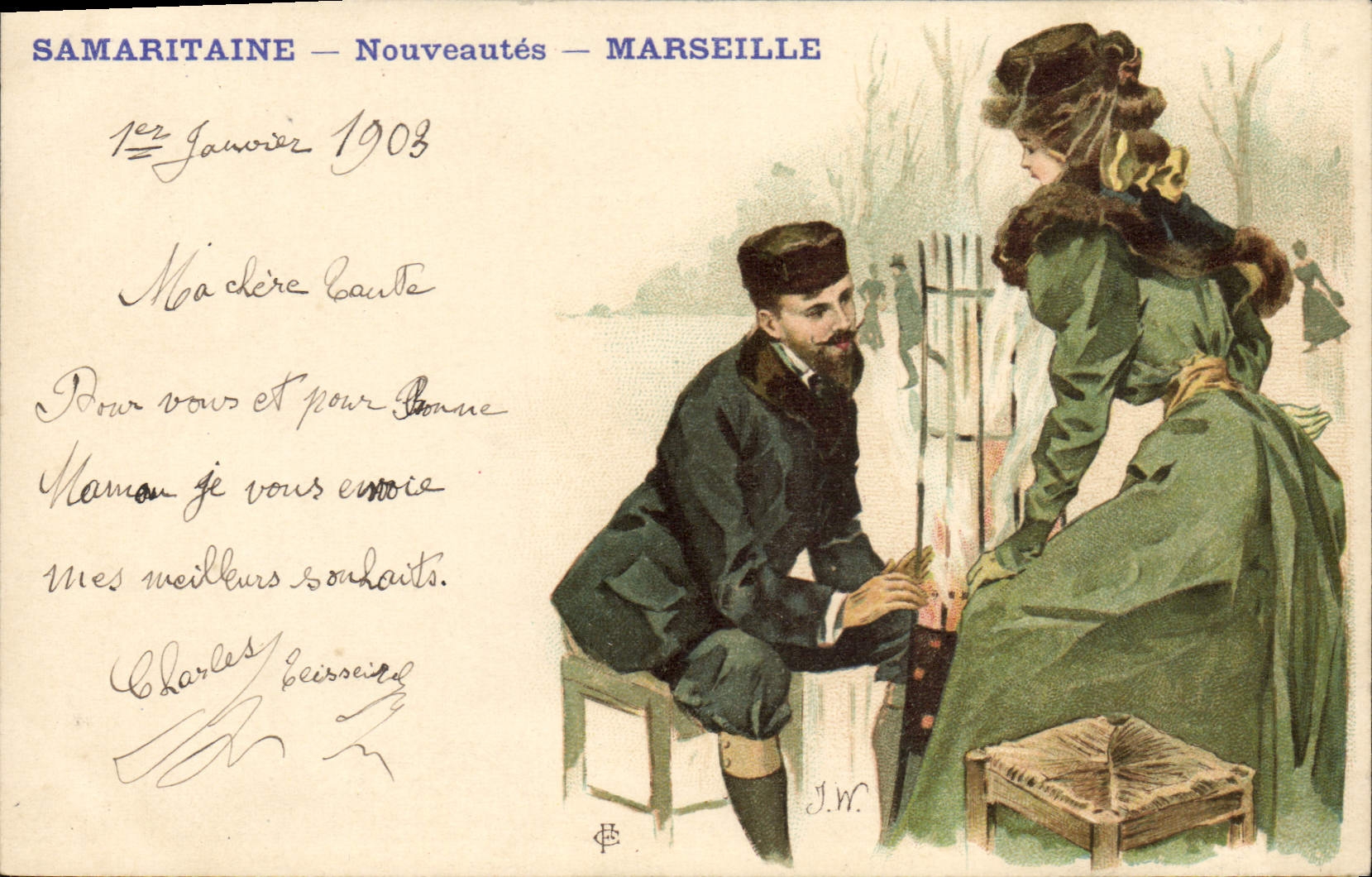 Vintage Postcard Imagination Illustrator Samaritaine Marseilles Woman
