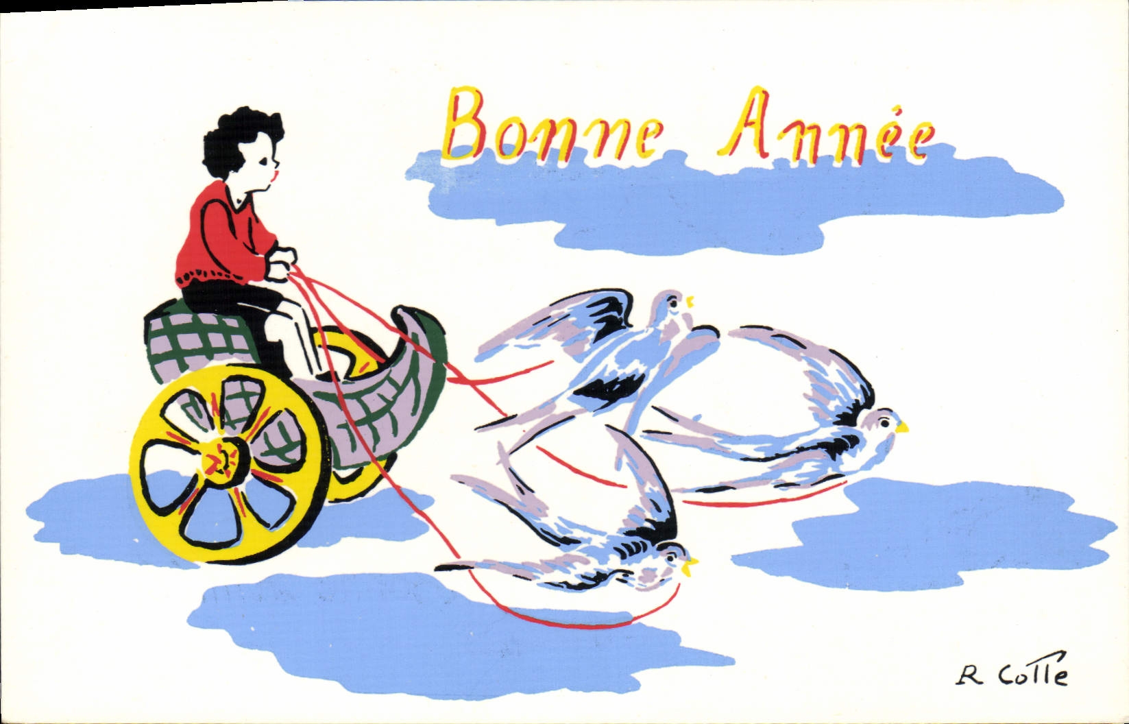 Vintage Postcard Imagination Illustrator Happy new year Sledge