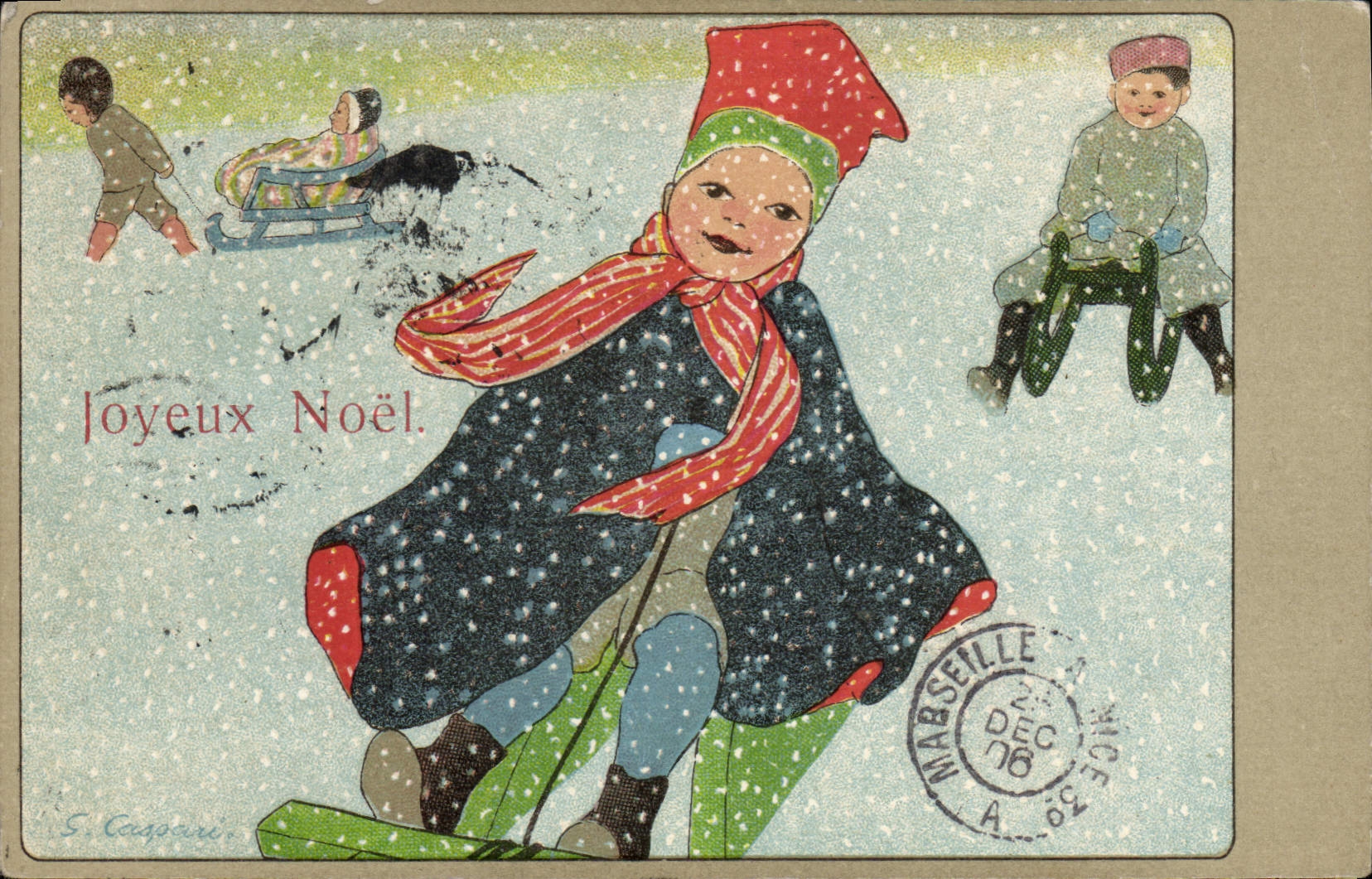 Vintage Postcard Imagination Illustrator Child Christmas Sledge