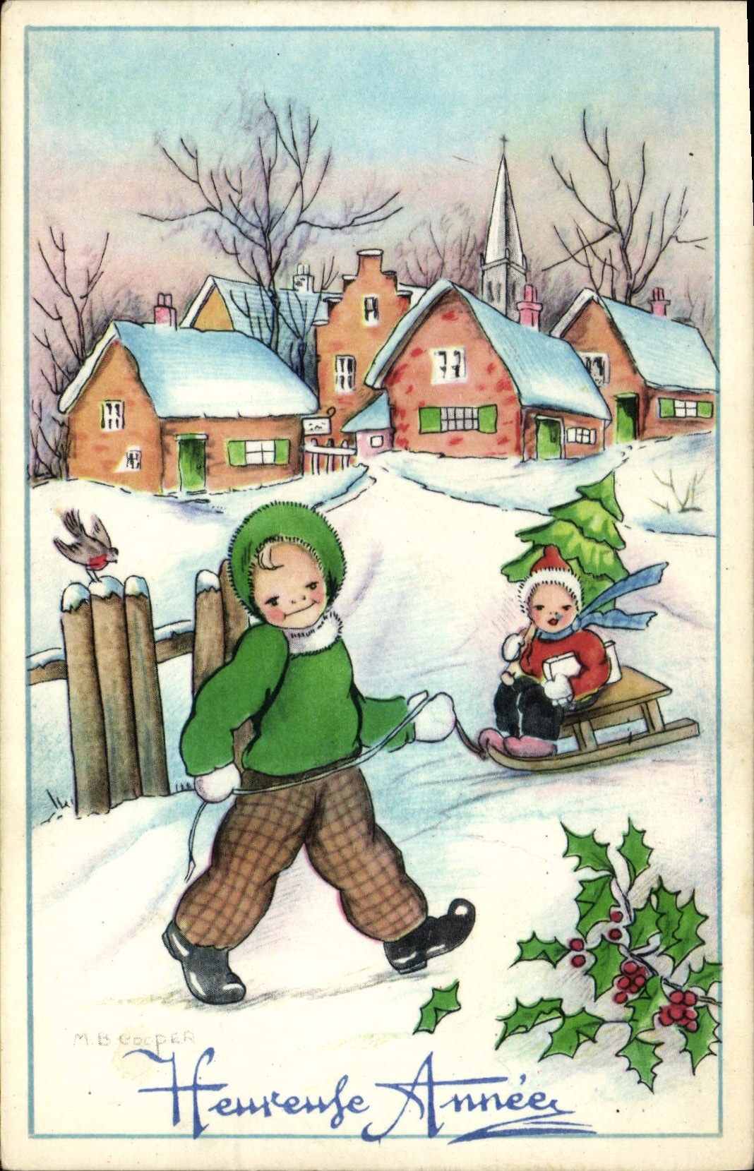 Vintage Postcard Happy Imagination Illustrator Children Sledge Year