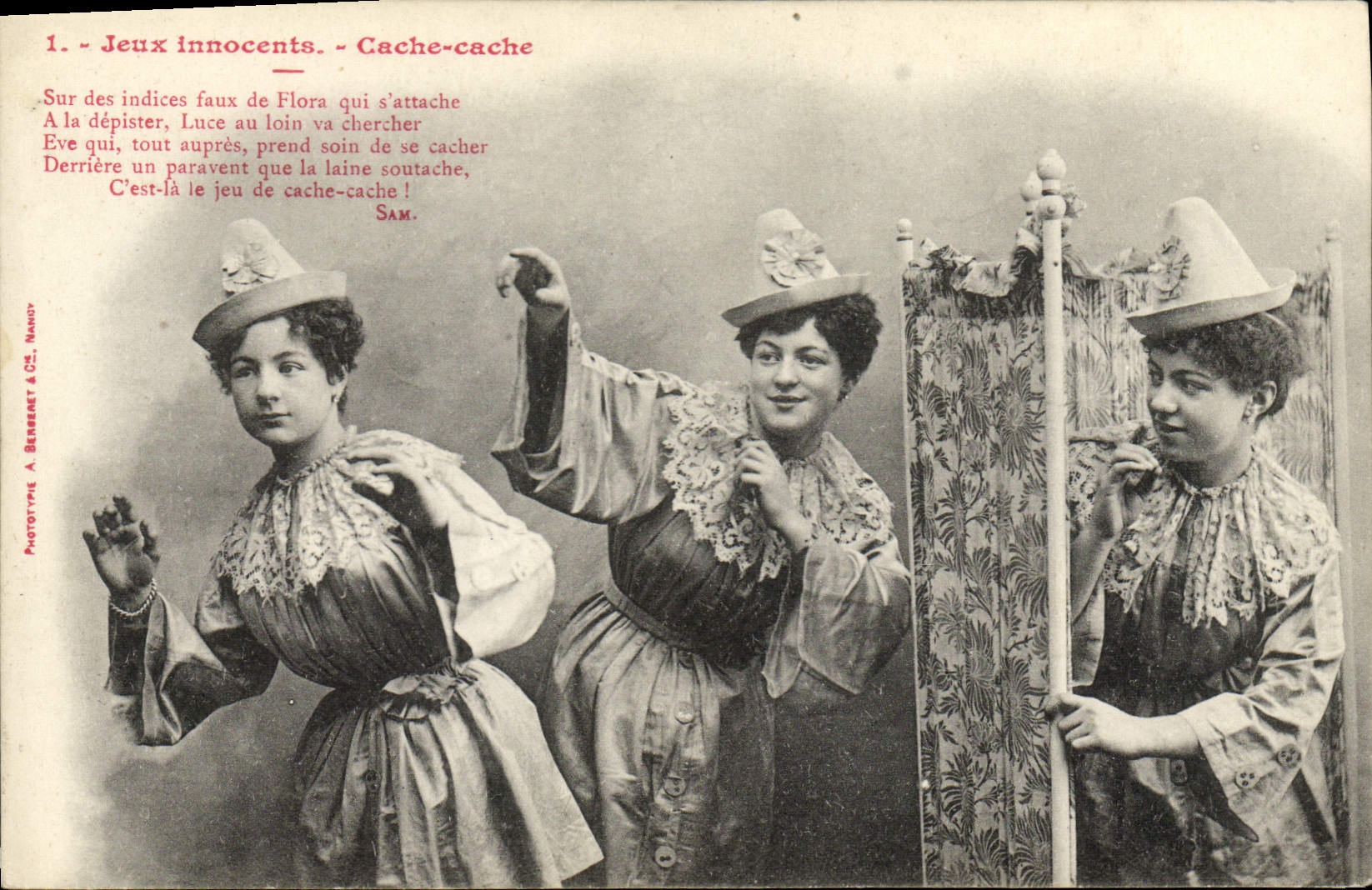 Vintage Postcard Fantaisie Woman innocent Plays Hides Mask