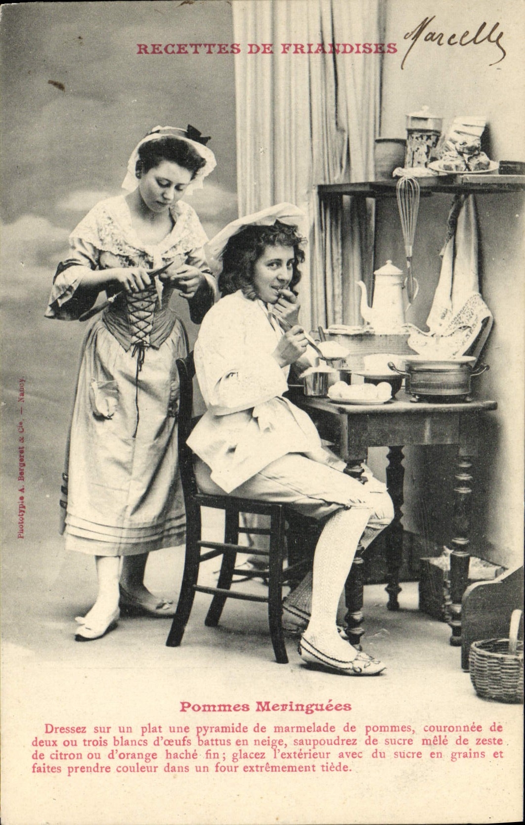 Vintage Postcard Imagination Woman Receipts of delicacies covered with meringue Apples