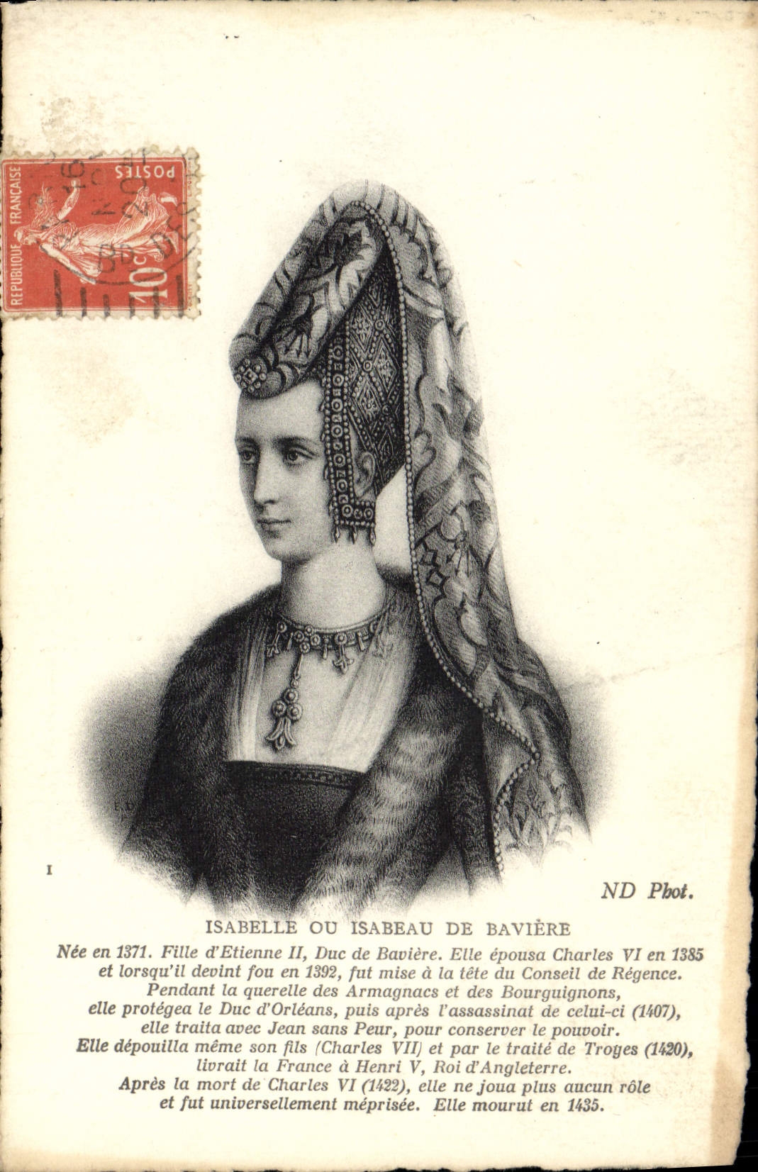 Postal Isabelle o Isabeau de Baviera