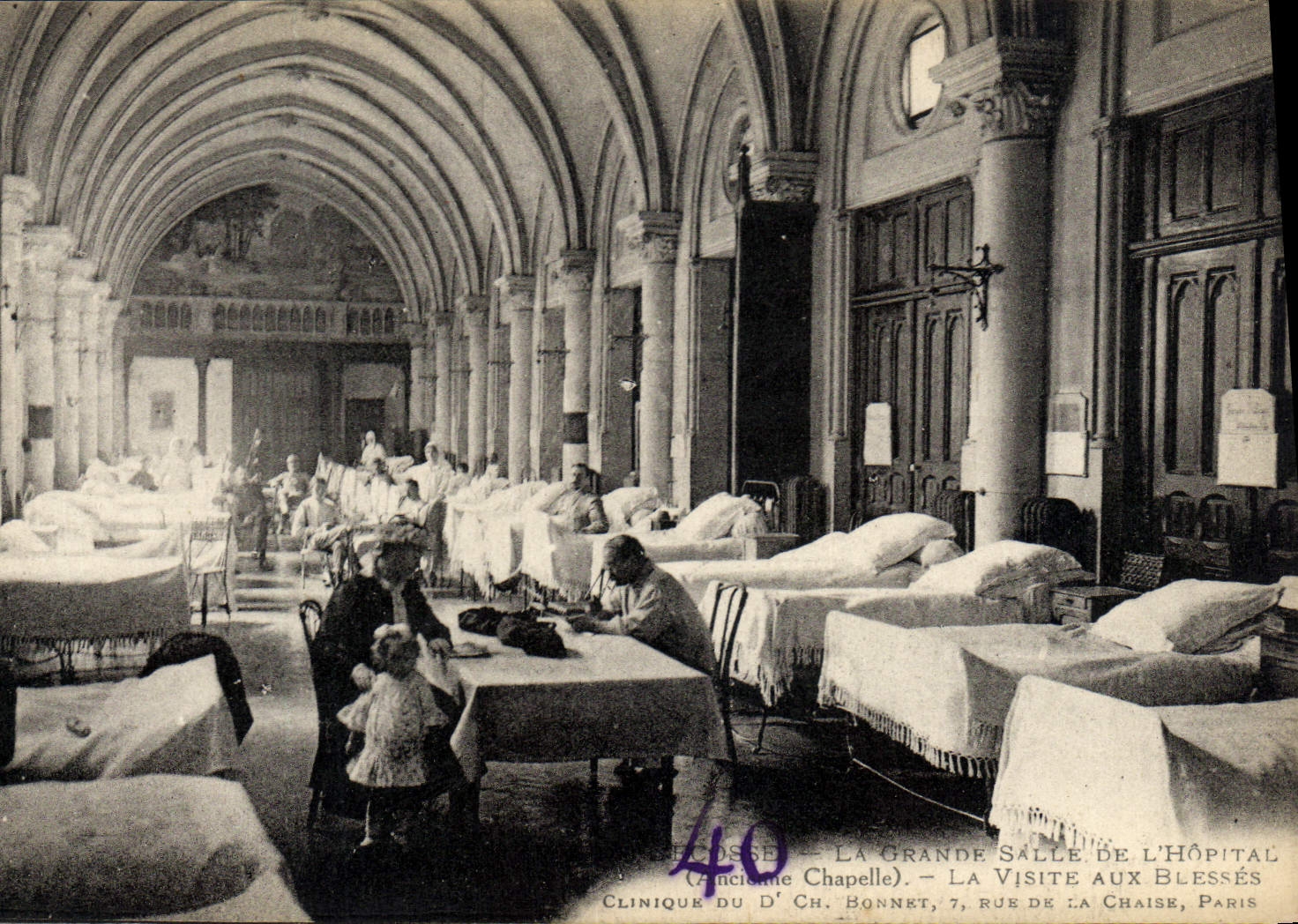 Vintage Postcard Militaria the big room of the hospital the visit with wound Bonnet Street of the Paris Chair