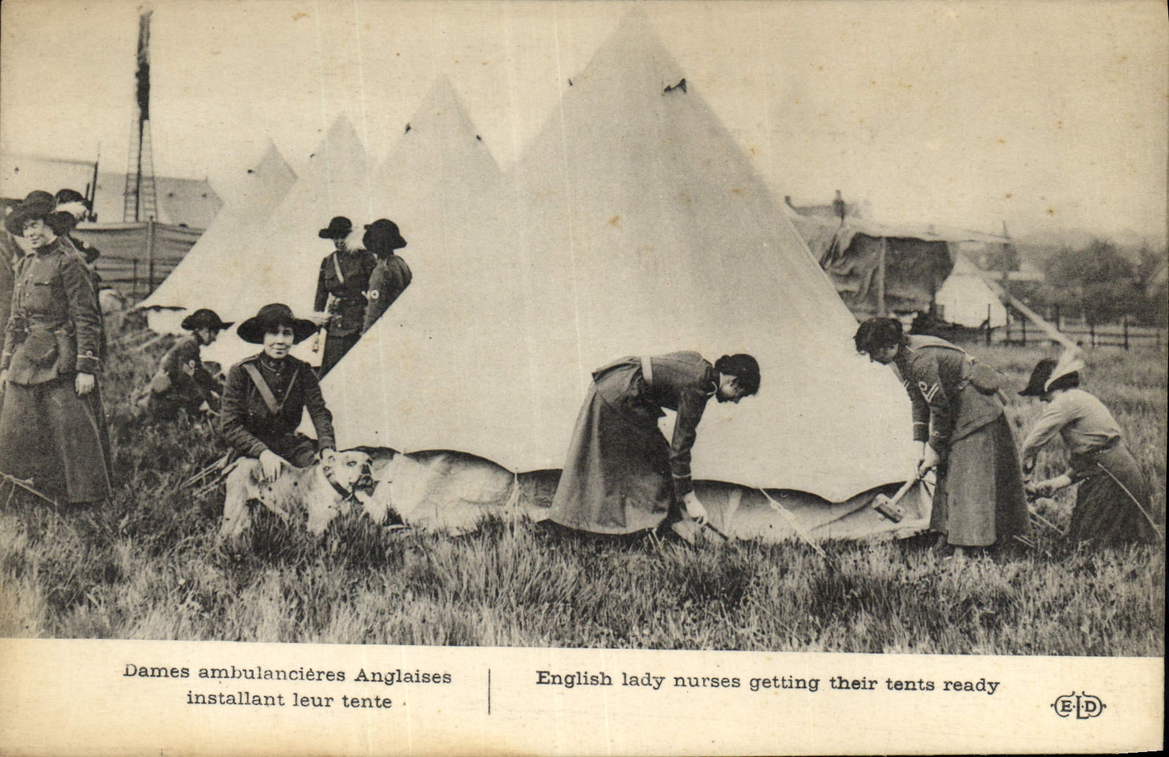 CPA Militaria Dames ambulanciere anglaises installant leur tente