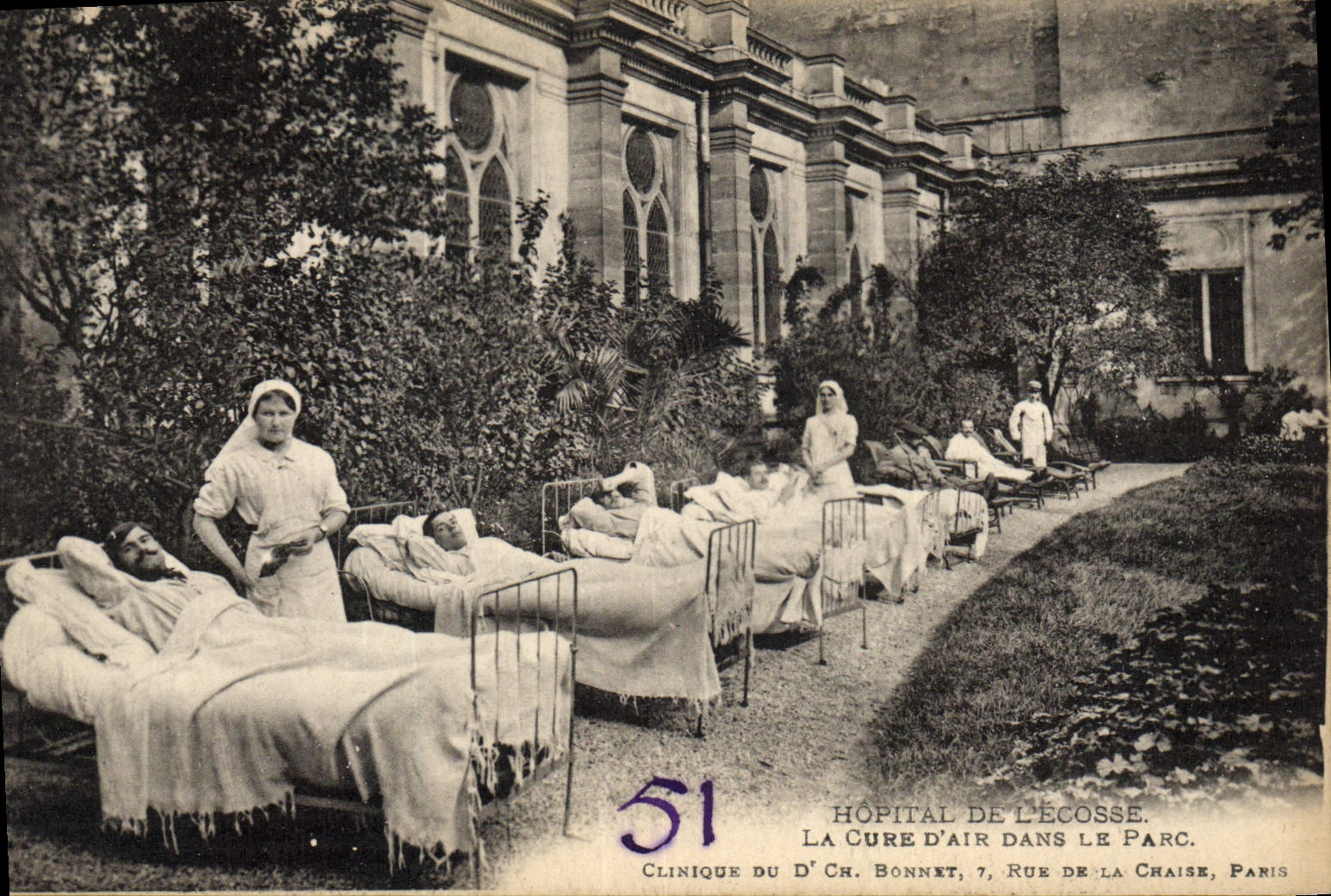 Vintage Postcard Militaria Hospital of Scotland the cure of air in the park Bonnet Street of the Paris Chair
