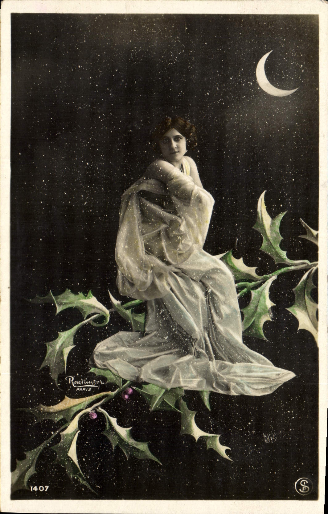 Vintage Postcard Imagination Woman the Moon